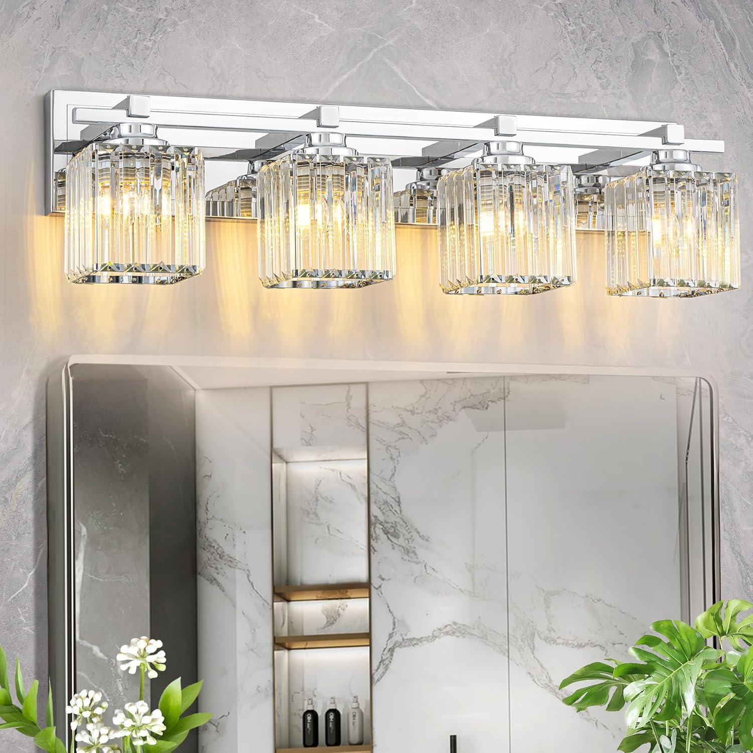Crystal Bathroom Light Fixtures, 4 Light Chrome Vanity Lighting Over Mirror with Crystal Shades, Modern Bathroom Vanity Light for Restroom, Bath, Cabinet and Powder Room