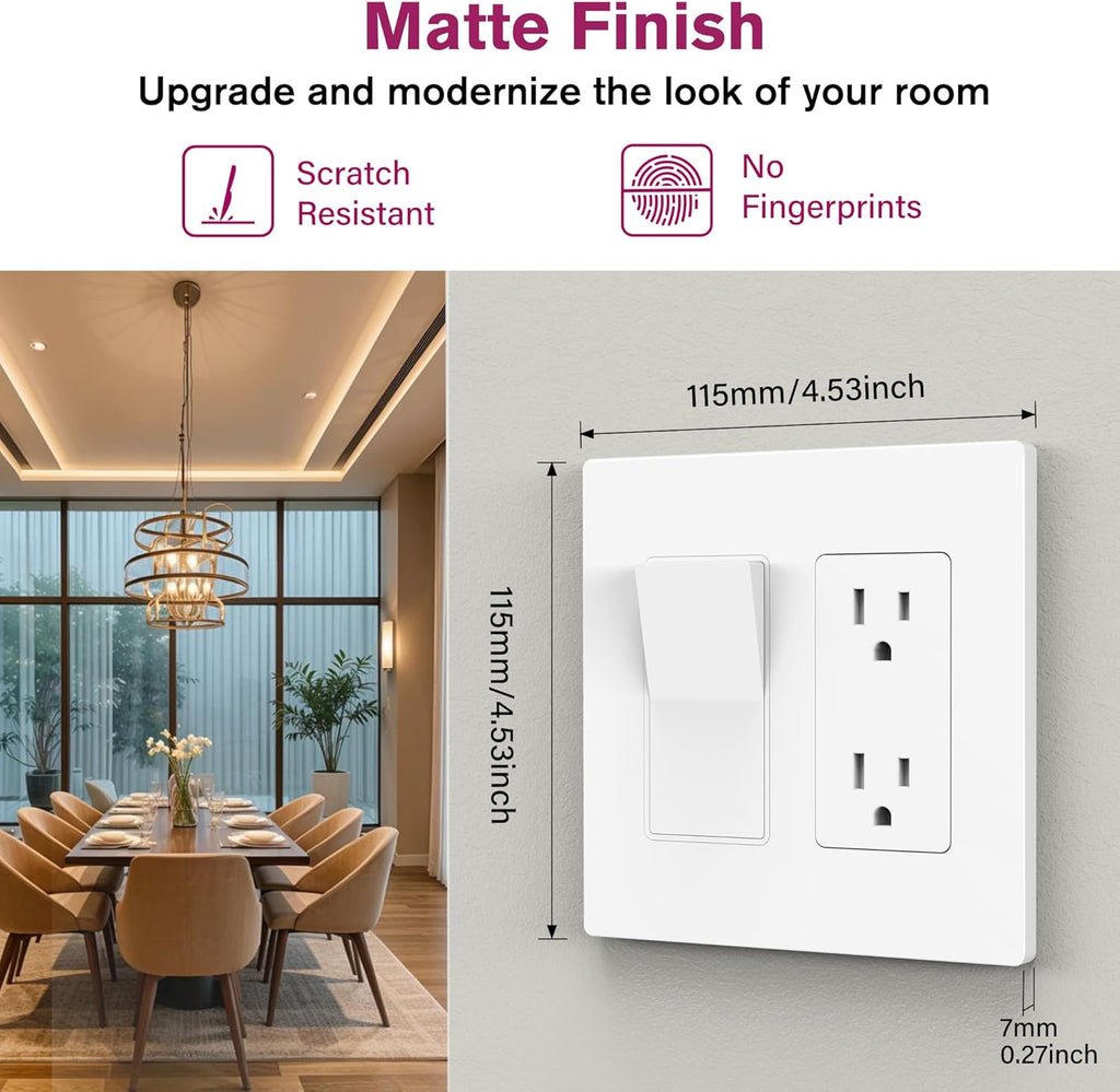 EMITEVER 2-Gang Screwless Decorator Wall Plate Cover for Receptacle Outlet & Light Switch, Standard Size 4.53"H x 4.53"W, Unbreakable Thermoplastic Faceplate, UL Listed, Matte White 1-Pack