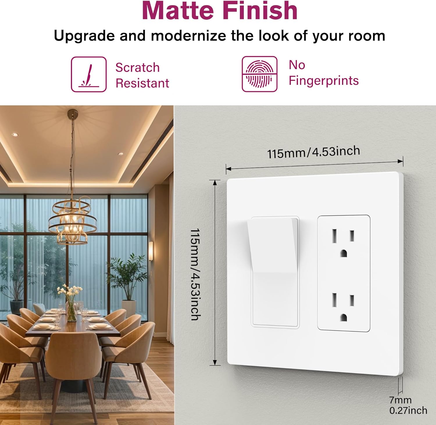 EMITEVER 2-Gang Screwless Decorator Wall Plate Cover for Receptacle Outlet & Light Switch, Standard Size 4.53"H x 4.53"W, Unbreakable Thermoplastic Faceplate, UL Listed, Matte White 5-Pack