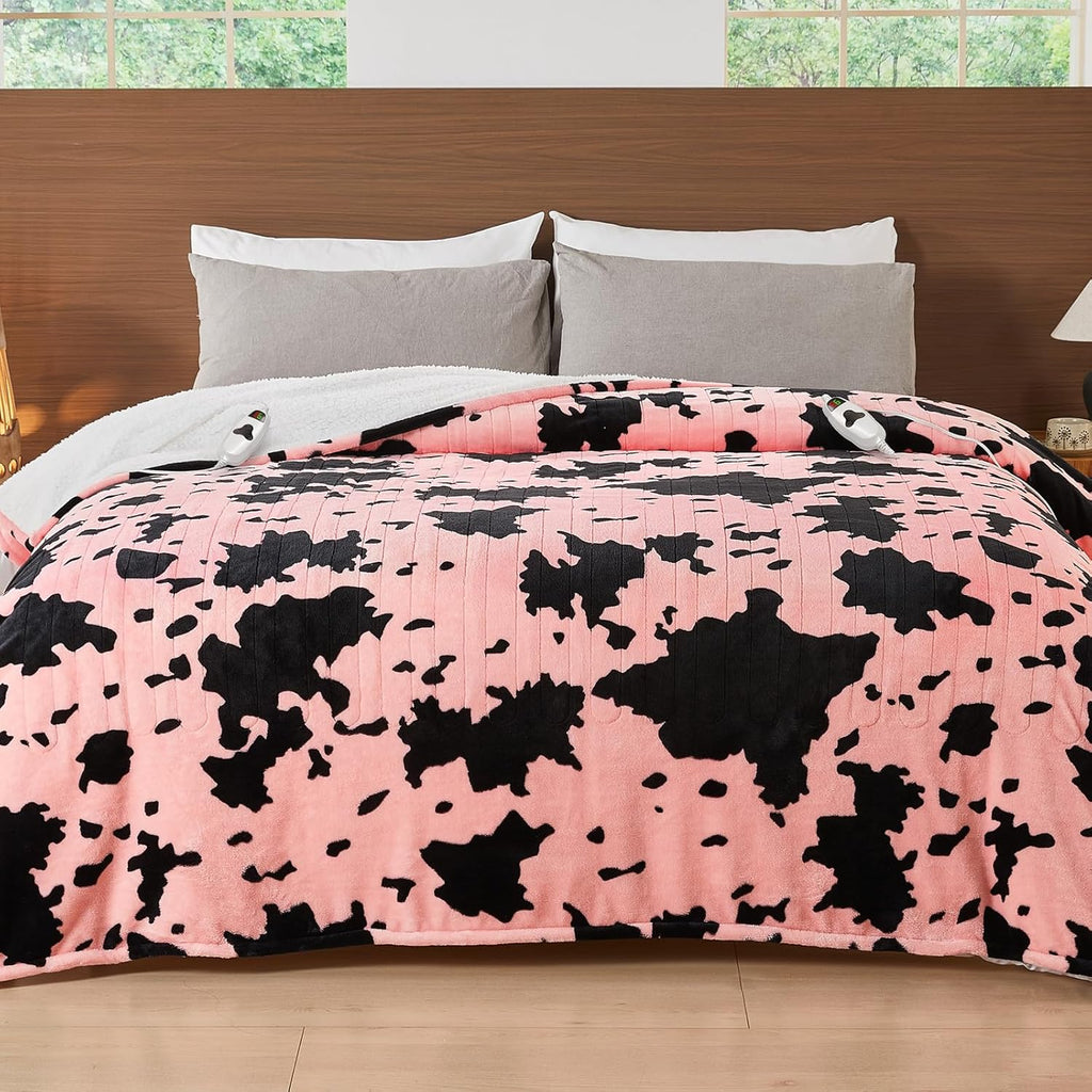 Cow Print Electric Heated Blanket Queen Size,84X90 Light Pink Heating Blanket Queen with Dual Control&Timer&10 Heat Levels,Highland Cow Decor Sherpa Blankets Warmer Gifts for Bed Women Adults