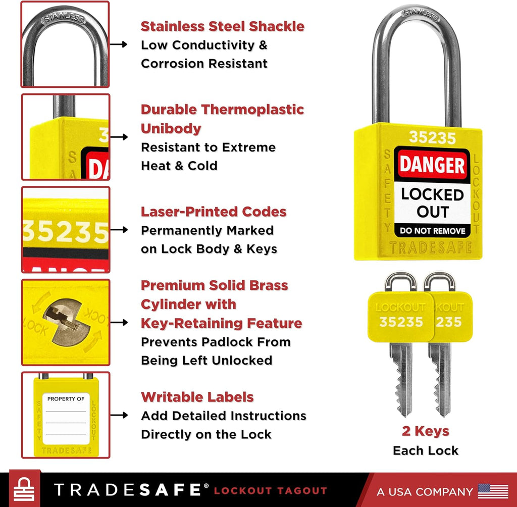 TRADESAFE Lockout Tagout Locks Set - 10 Yellow Keyed Alike Padlocks, 2 Keys Per Lock, OSHA Compliant Loto Locks