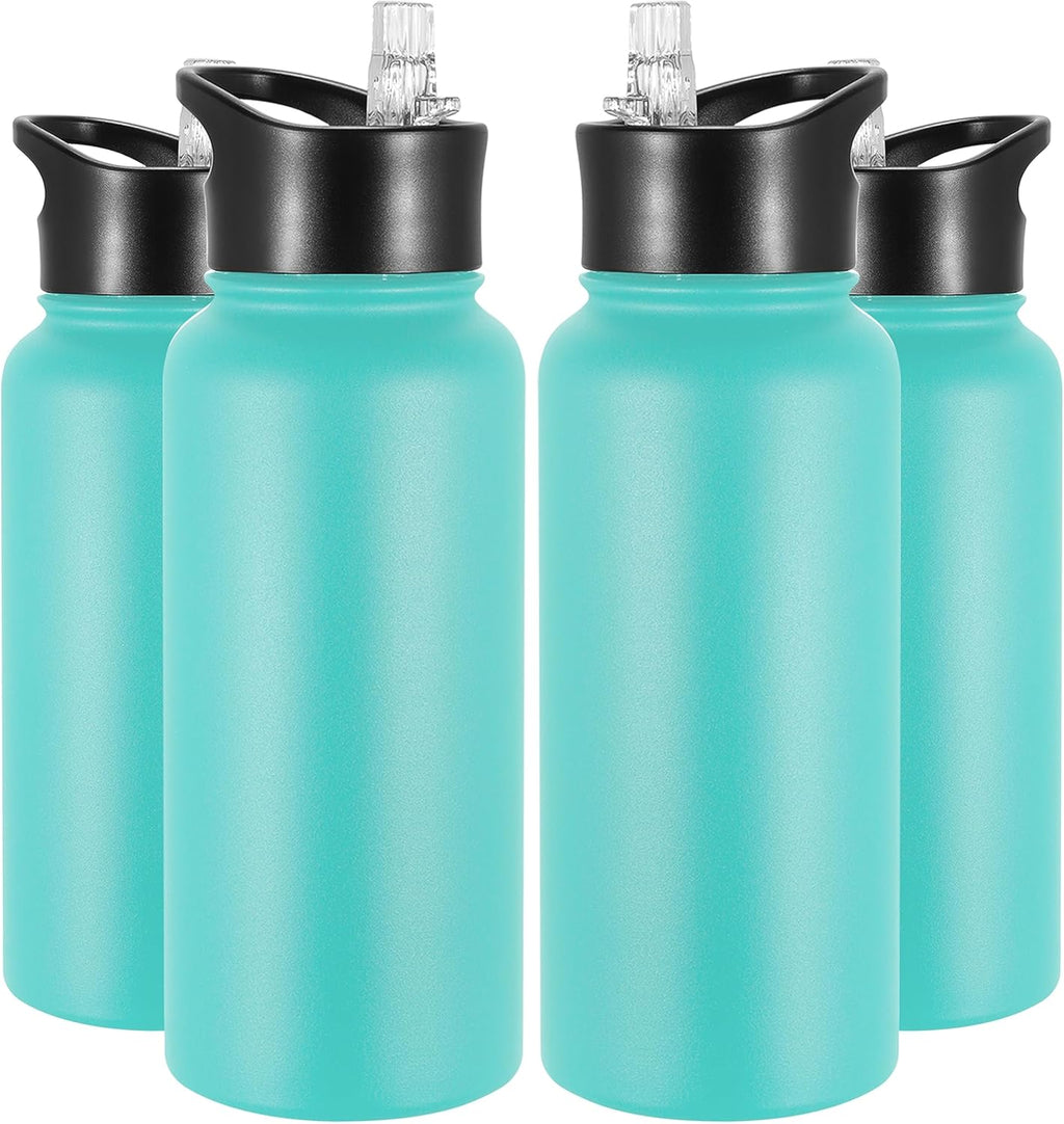 VEGOND 32 oz Insulated Water Bottle Bulk Stainless Steel Metal Water Bottles with Leak Proof Straw Lid & Spout Lid, Wide Mouth Double Walled Vacuum Travel Sports Bottle, 4 Pack