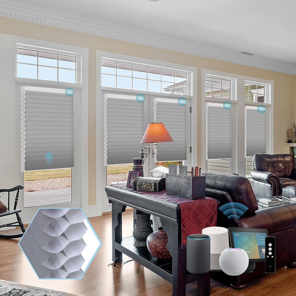 SmartWings Motorized Cellular Shades with Remote, Customized Electric Cordles Honeycomb Blinds Compatible with Alexa/Homekit/Google for Windows, 80% Blackout Double Cell Cement Grey