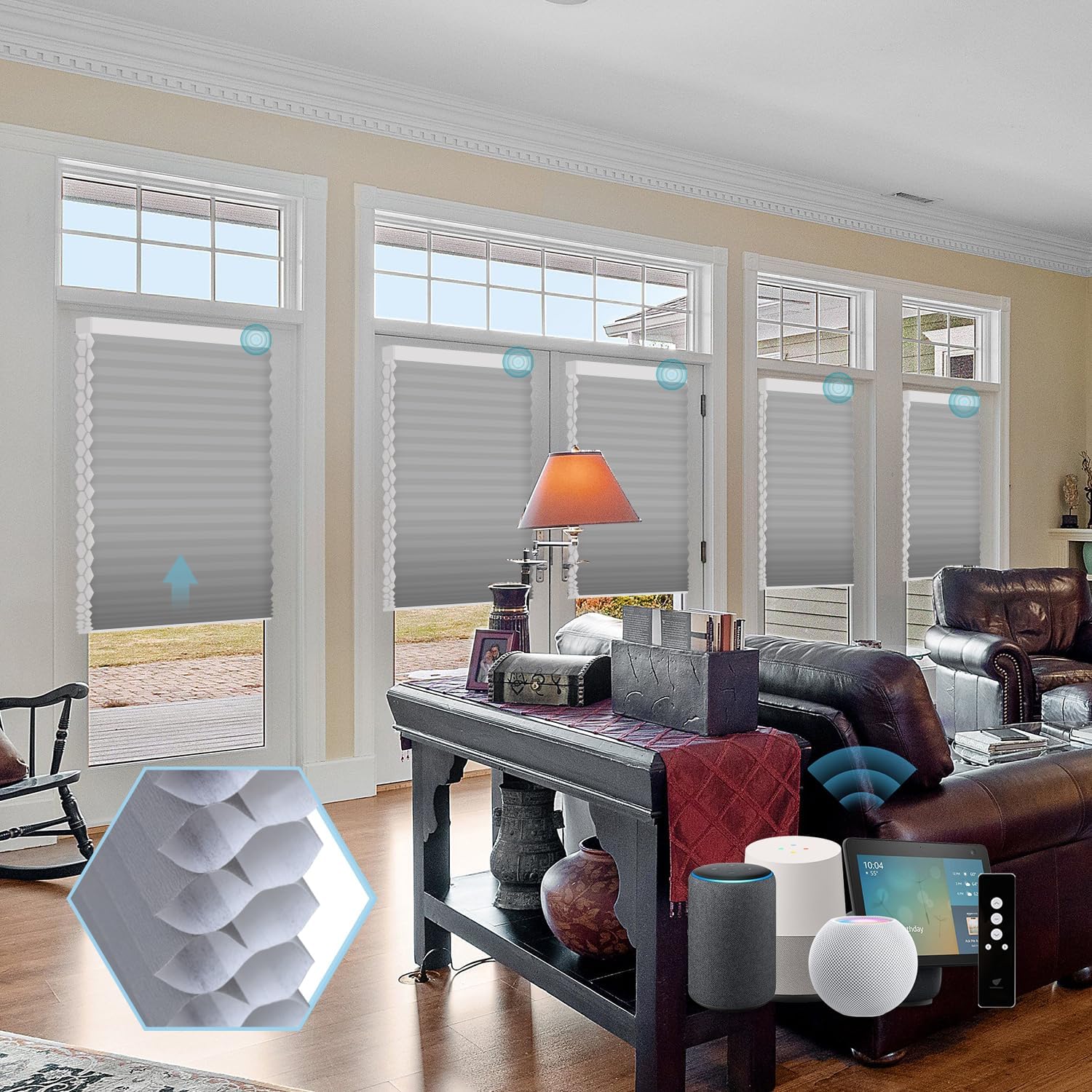 SmartWings Motorized Cellular Shades with Remote, Customized Electric Cordles Honeycomb Blinds Compatible with Alexa/Homekit/Google for Windows, 80% Blackout Double Cell Cement Grey