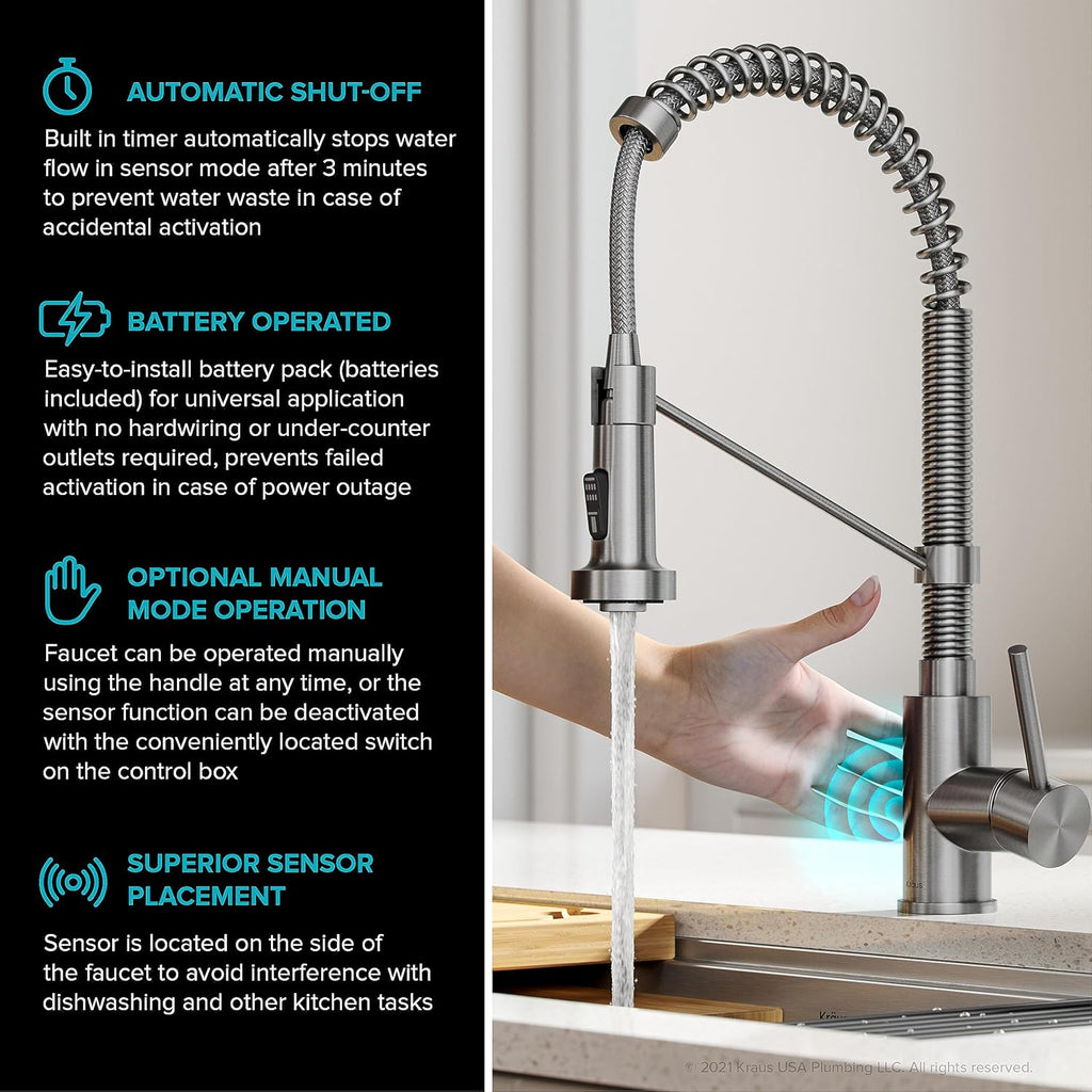 KRAUS Bolden Touchless Sensor Commercial Style 2-Function Single Handle Pull Down Kitchen Faucet in Spot-Free Stainless Steel, KSF-1610SFS