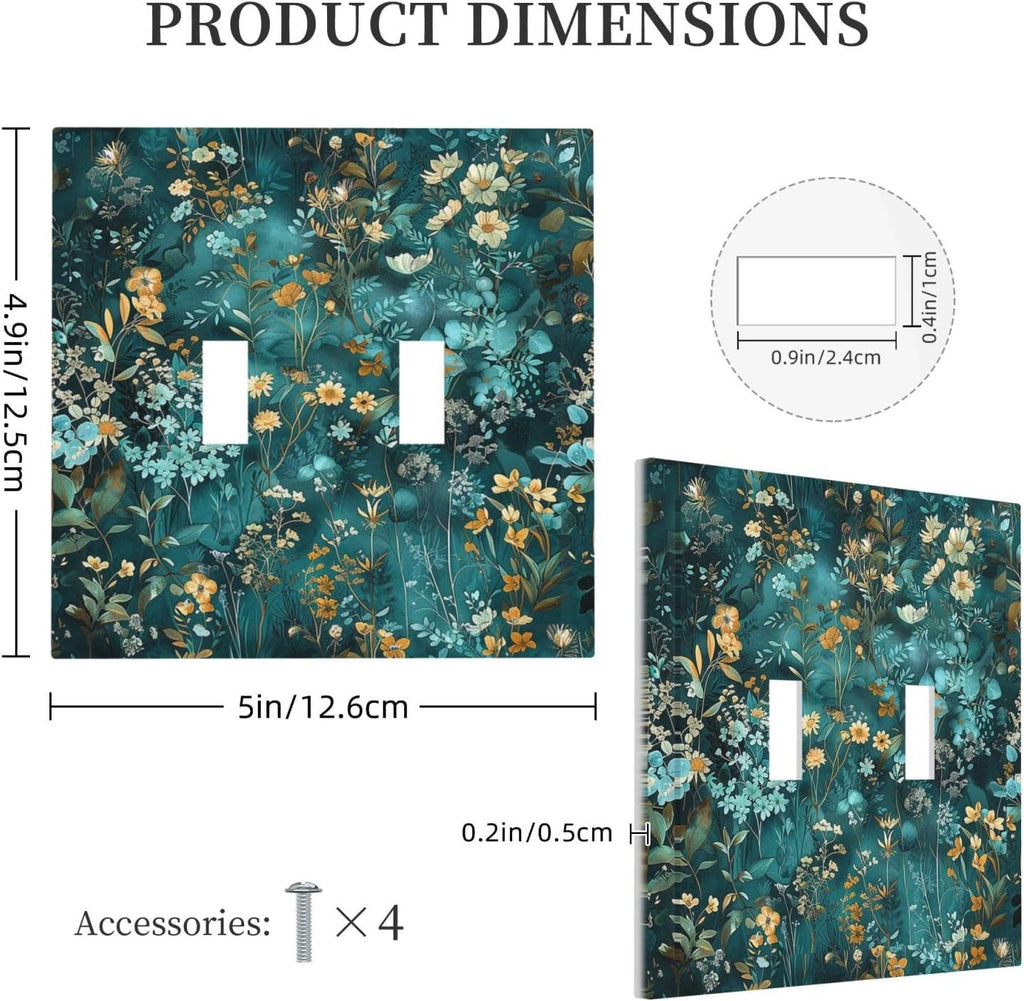 Decorative Switch Plates Green Leaf Floral Boho Golden Flower Plant 2 Gang Double Toggle Outlet Light Switch Cover Wall Plate Electrical Faceplate For Bed Room Cabin Decor