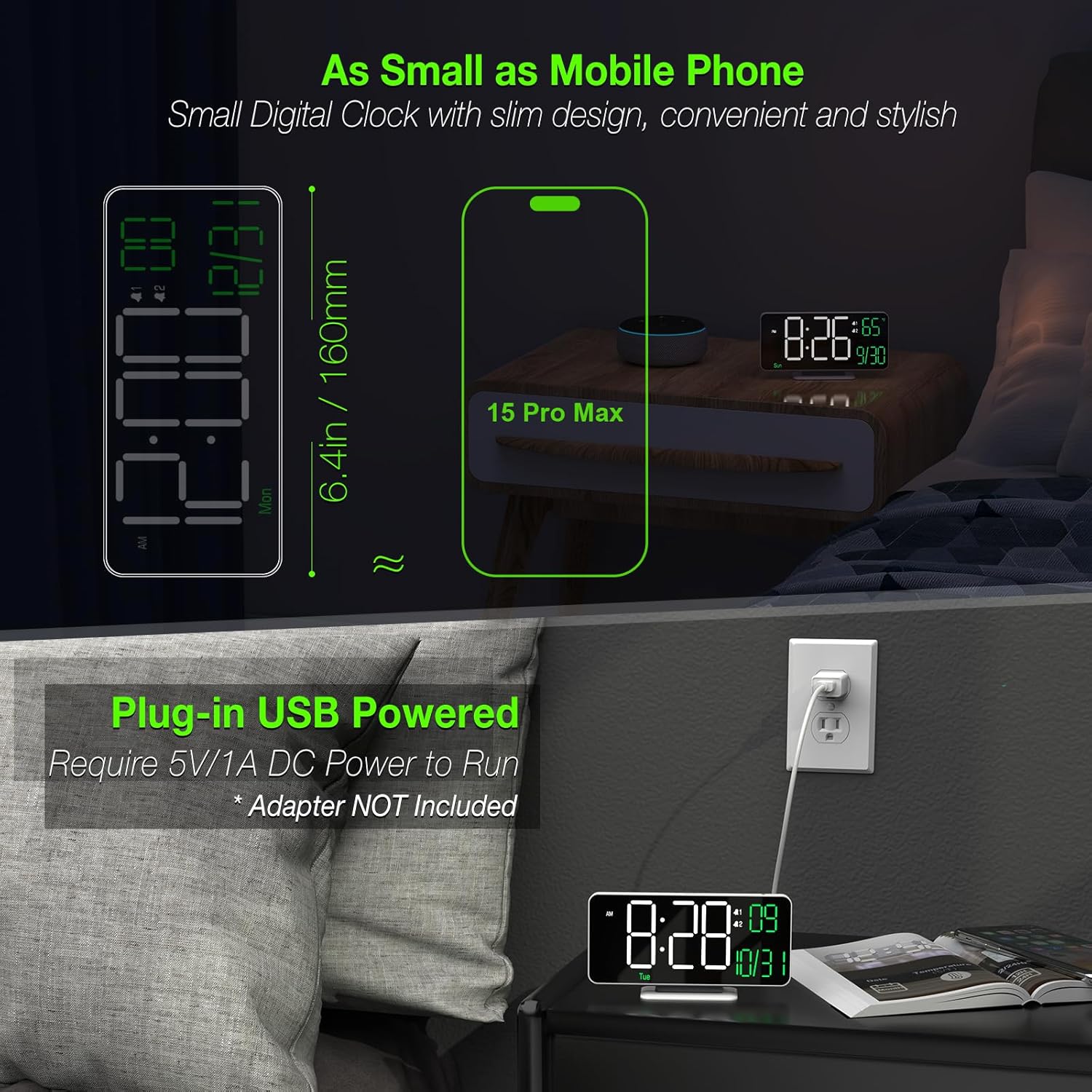 KOSUMOSU Digital Clock for Bedroom, 6.7" Desk Clock LED with Day of Week, Auto Dimming,Indoor Temperature, Clocks for Living Room, Alarm Clocks for Bedrooms