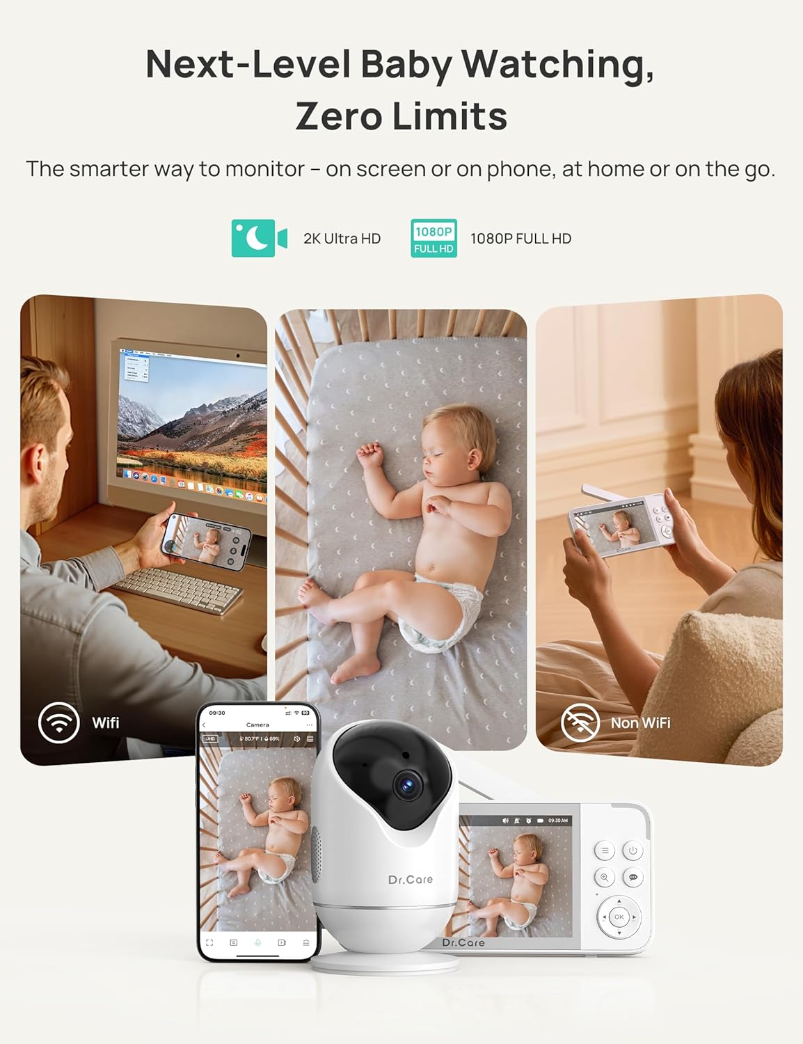 Dr.Care VistaView 5” Smart WiFi Baby Monitor - 2K Camera App Control & 1080P Split Screen, Cry & Motion Detection, Pan-Tilt-Zoom, Night Vision, Video Recording, Triple Security, 2-Way Audio, 5000mAh