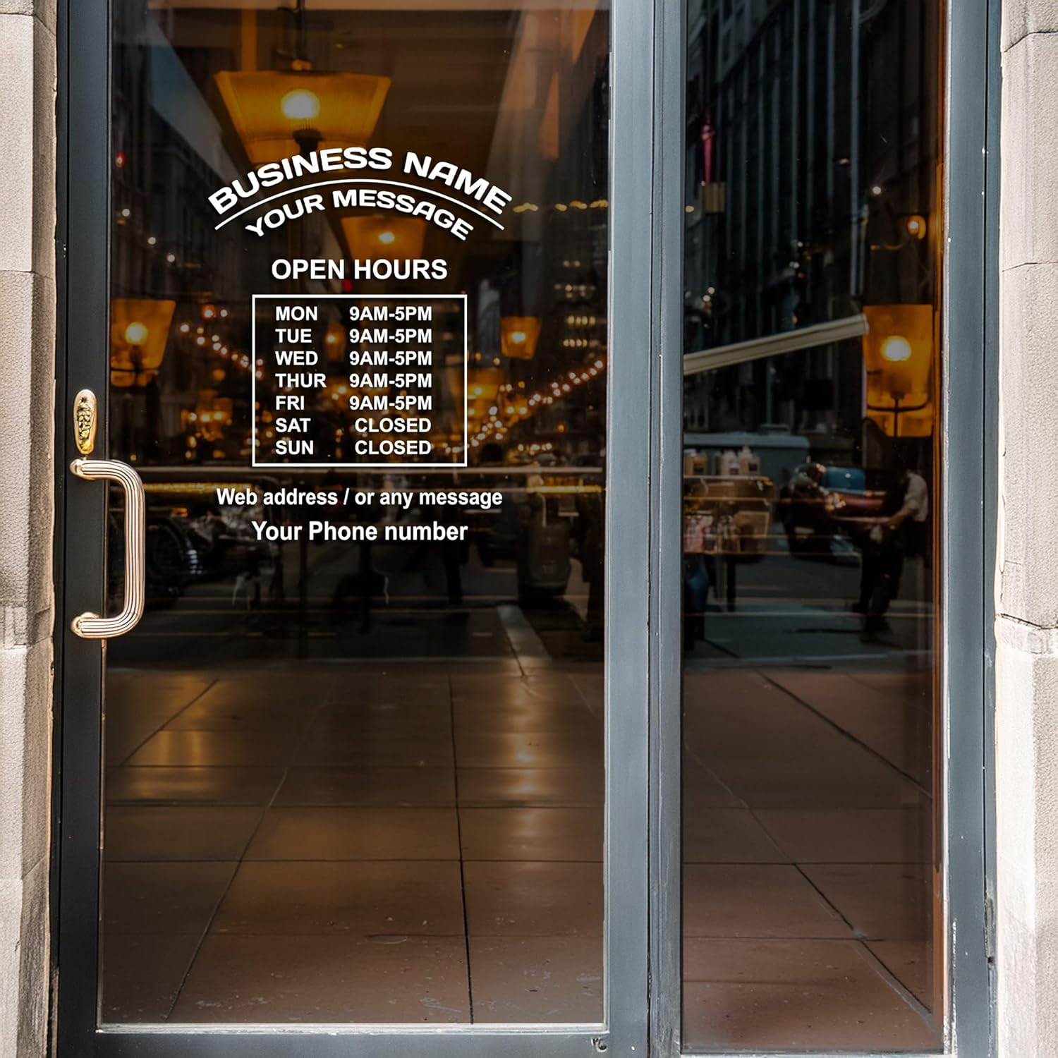 Business Hours Sign for Window – Two Title Lines (Two Arc-Portrait) If you select the Size 19"x25", you'll get 2 devided signs (Title area-19"x9", Open hour area-19"x16") for easier installation.