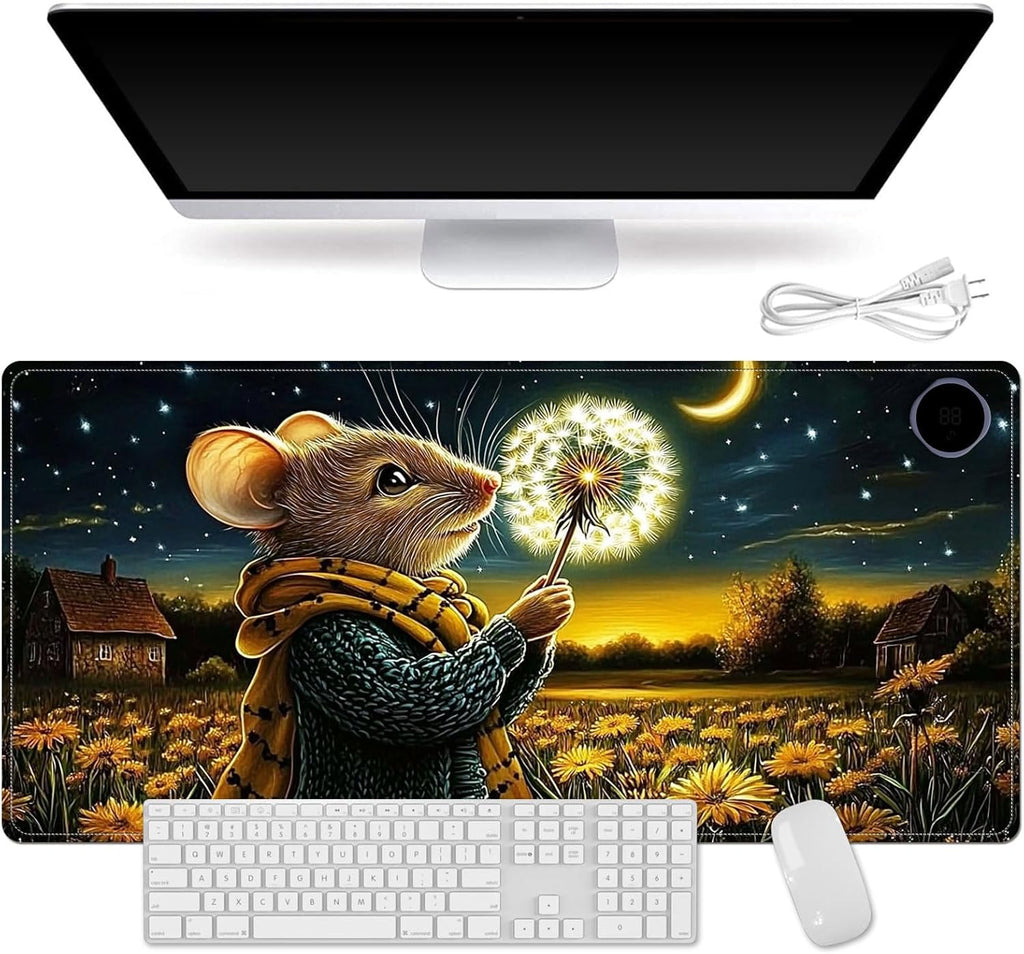 Heated Mouse Pad for Desk 31.5" x 13" – PU Leather Warm Desk Pad with 3 Heat Levels (104°F/113°F/122°F), Plug-in Electric Heating Mat with Auto Shut-Off, Waterproof & Rollable, Mouse with Dandelion