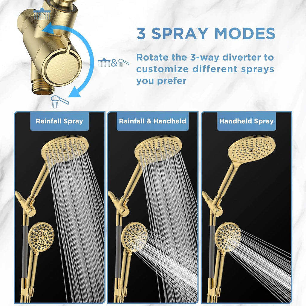 MakeFit Dual Filtered Rain Shower Head Combo, High Pressure Handheld Shower Head with Adjustable Bar - Rainfall Shower Head And Showerhead with Filter for Hard Water - Removes Chlorine(Gold)