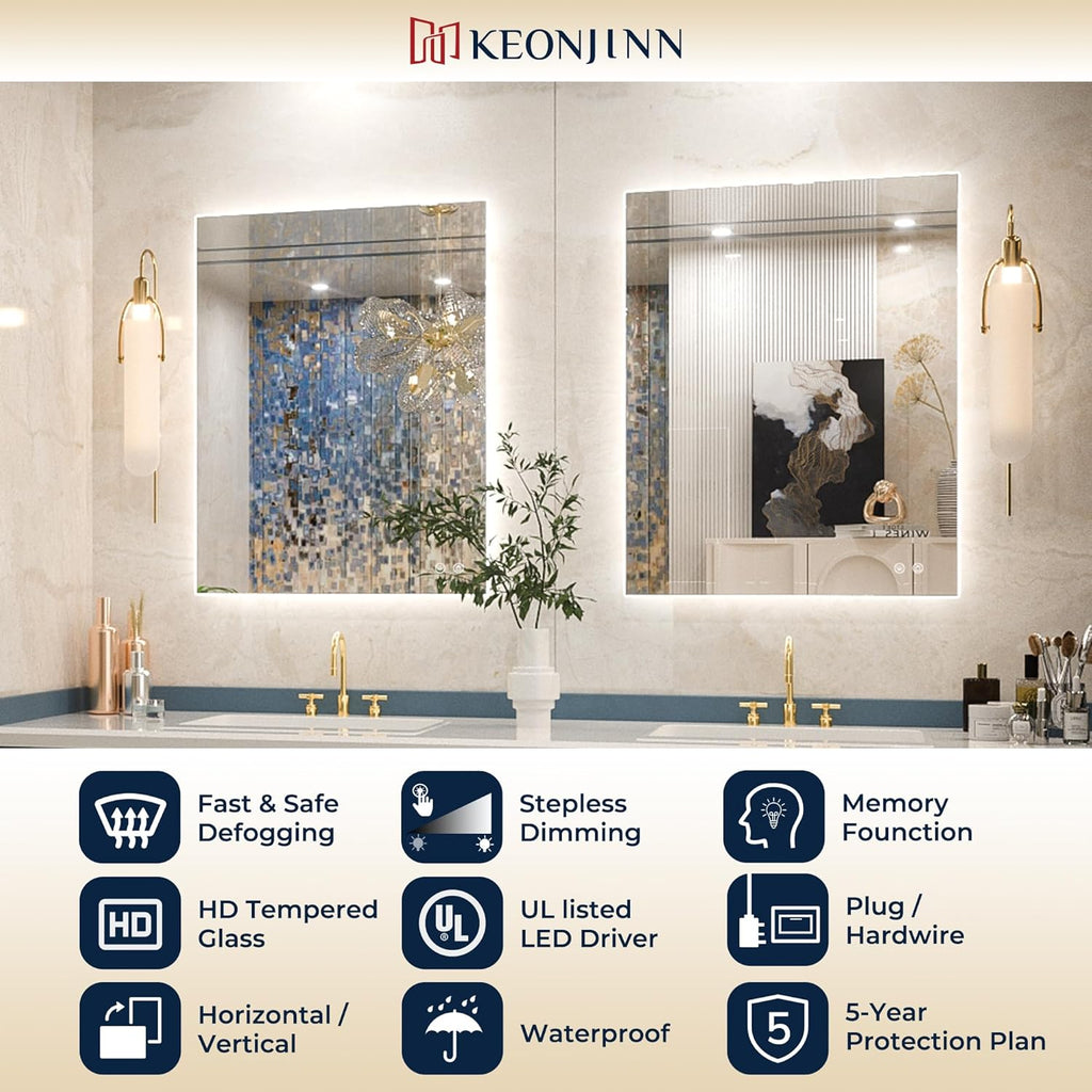 Keonjinn 24 x 32 Inch LED Bathroom Mirror with Backlit, Anti-Fog, CRI90+ HD Stepless Dimmable Mirror, High Lumen, Horizontal/Vertical Wall Mount, UL Listed Lighted Mirror, Waterproof