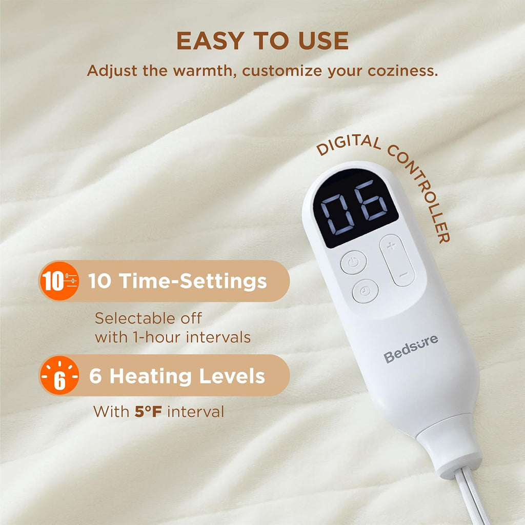 Bedsure Electric Blanket Twin - Soft Flannel Heated Blanket, Fast Heating with 10 Time Settings & 6 Heat Settings, Warm Gift for Grandma (62x84 inches, Ivory)