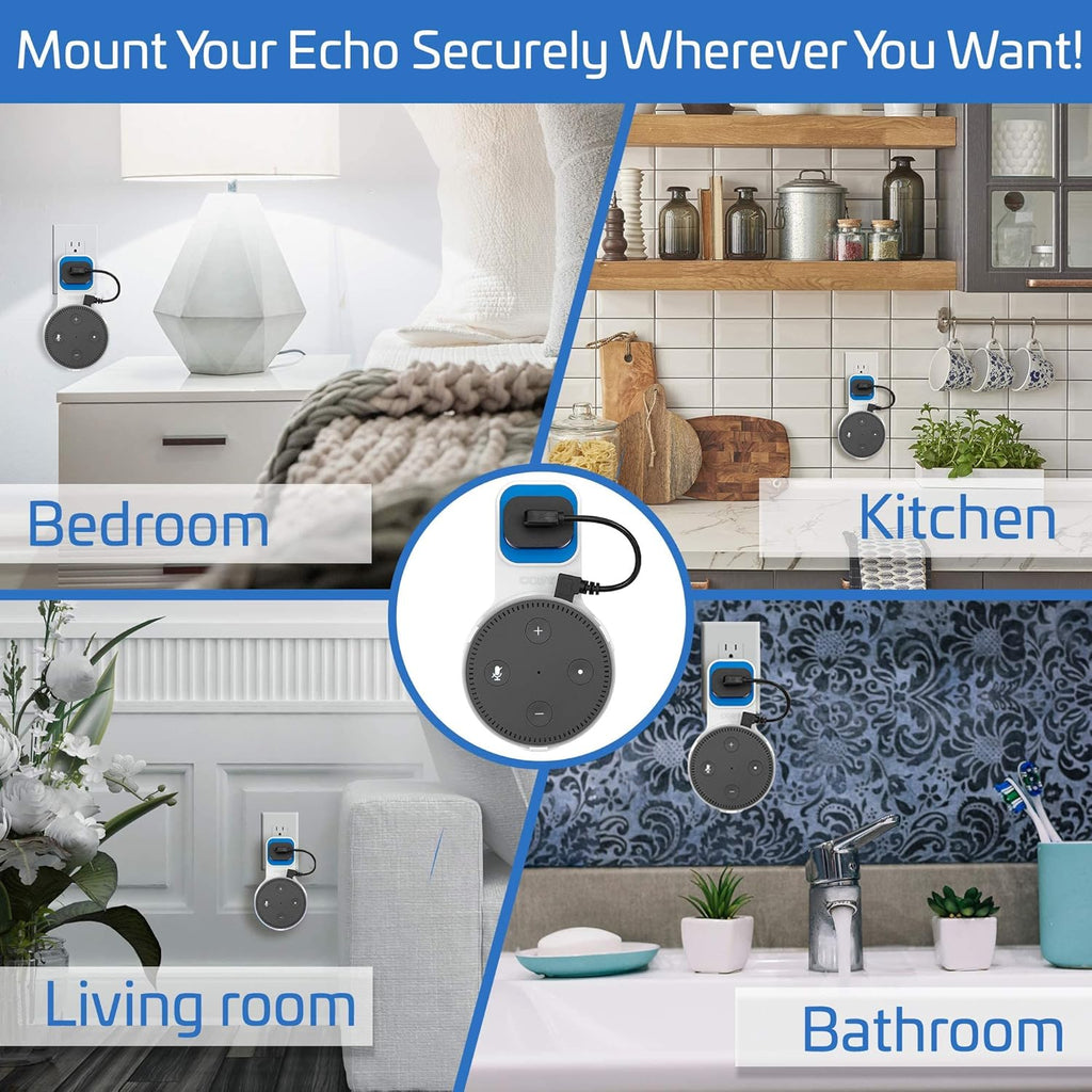 Coby Wall Mount for Echo Dot 2nd Generation, Smart Speaker Holder with Built-in Cable Management, 7.75" USB Charging Cable, Space-Saving Alexa Mount for Kitchen, Bedroom, Office, Bathroom