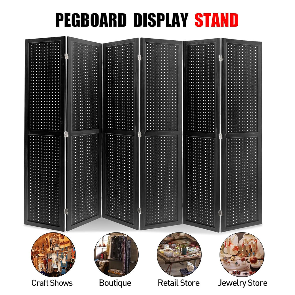 Babion 6 Panel Pegboard Display, Peg Board Room Divider Freestanding Folding Privacy Screens Display Stand for Craft Shows (Black)