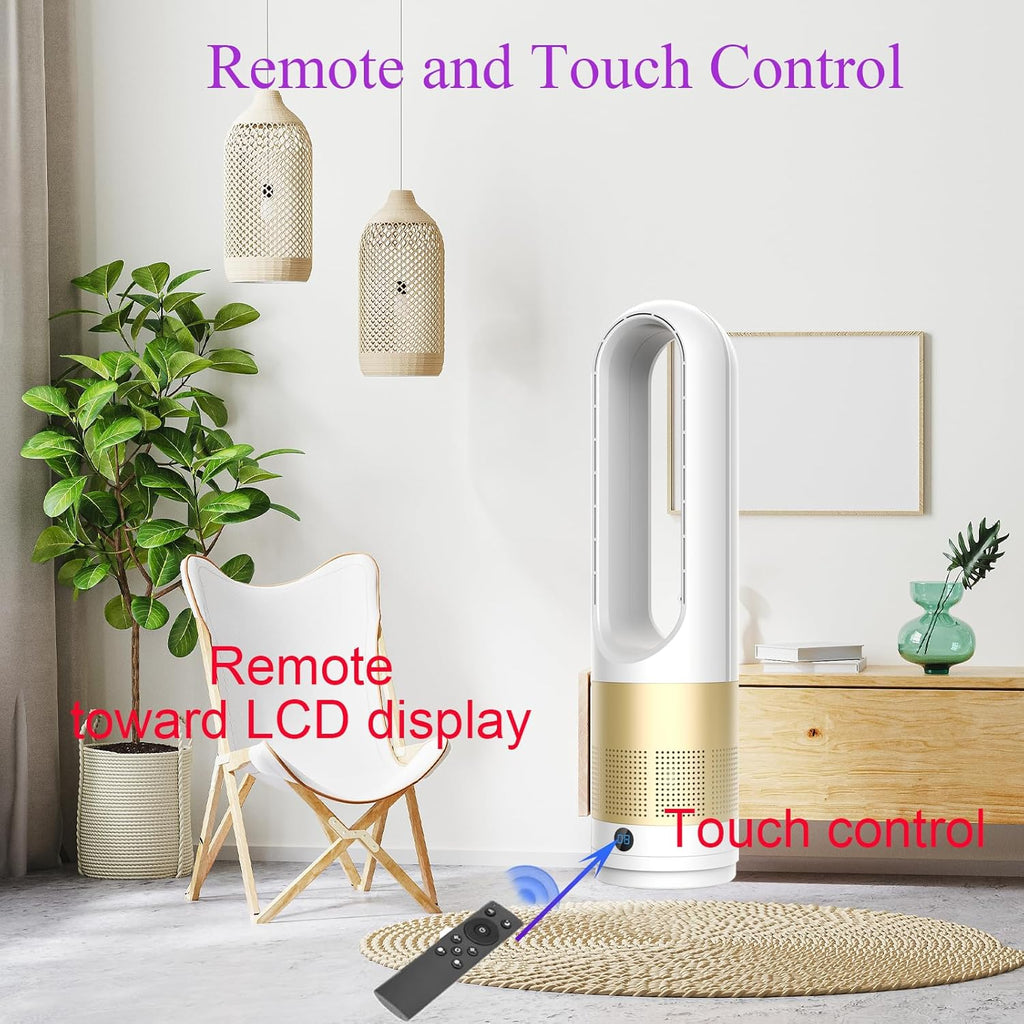 Bladeless Heater and Fan Combo, 1400 Watt Heater Fan and 40 Watt Cold Fan, 80° Oscillating Fan, All the Season Use, Remote and Touch Control, Floor Tower fan, Office Room, Bedroom, Silver Gold