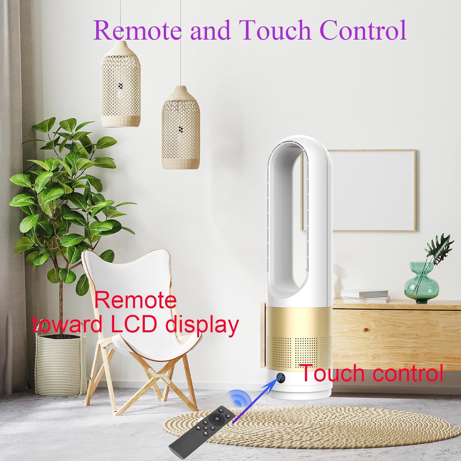 Bladeless Heater and Fan Combo, 1400 Watt Heater Fan and 40 Watt Cold Fan, 80° Oscillating Fan, All the Season Use, Remote and Touch Control, Floor Tower fan, Office Room, Bedroom, Silver Gold