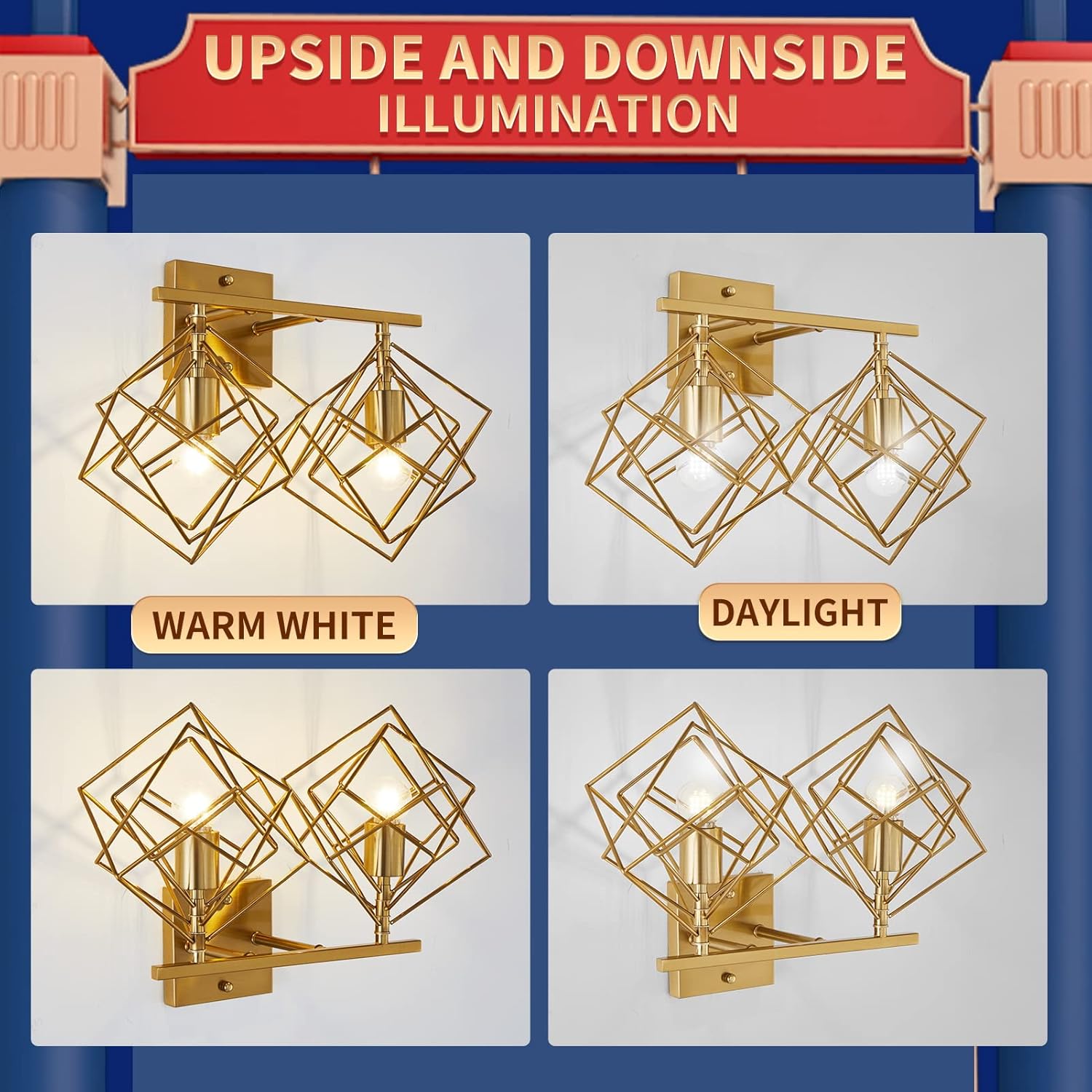 Bathroom Vanity Light with 2 Bulbs Bathroom Light Fixtures Over Mirror with Rotatable 2 Cube Shades Modern Wall Mounted Brushed Brass