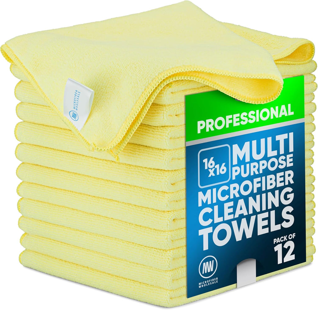 MW Pro Microfiber Cleaning Cloth | Yellow (12 Pack) | Size 16" x 16" | All Purpose Microfiber Towels - Clean, Dust, Polish, Scrub, Absorbent