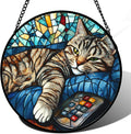 Stained Glass Window Hanging Gray Cat and Remote Control Large 11.8" - Suncatcher Door Garden Kitchen Sun Catcher Home Decor Birthday for Lost Pets Mom Men Woman Friend Grandma