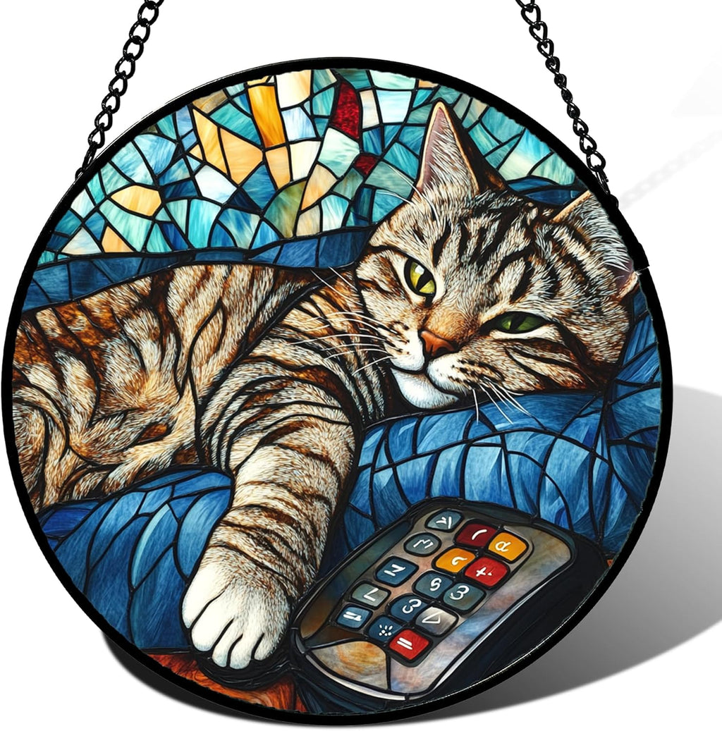 Stained Glass Window Hanging Gray Cat and Remote Control 6.3" - Suncatcher Door Garden Kitchen Sun Catcher Home Decor Birthday for Lost Pets Mom Men Woman Friend Grandma