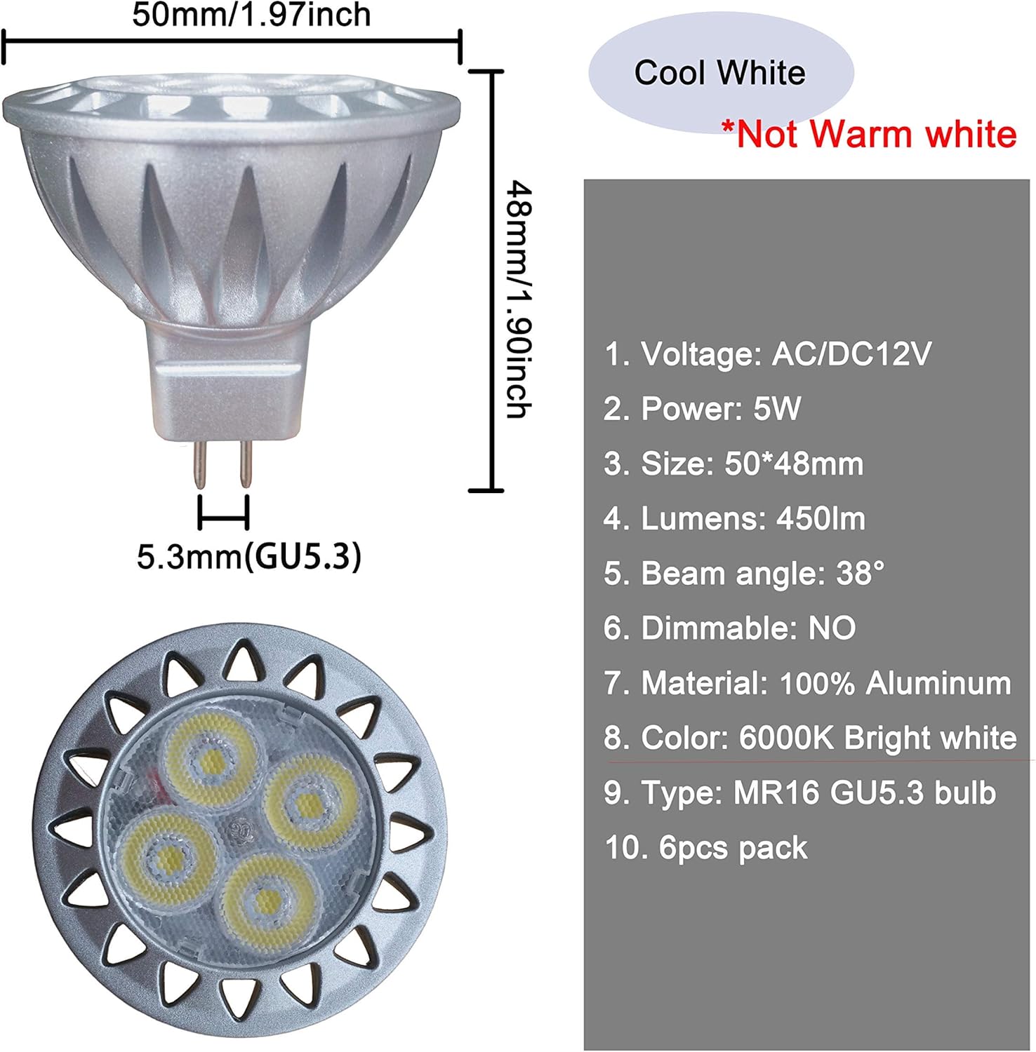ALIDE MR16 Led Bulbs 6000K Daylight Bright Cool White 5W,Replace 20W 35W Halogen Equivalent,12V MR16 GU5.3 Low Voltage Bulb for Outdoor Landscape Track Ceil Lighting,Not Dimmable,450lm,38 Deg,6 Pack