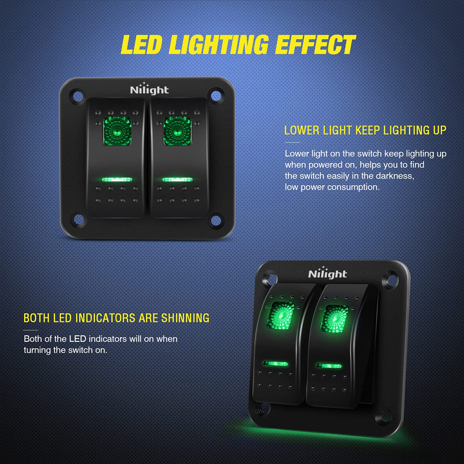 Nilight 2 Gang Rocker Switch Panel 12V 24V DC Green Switches Aluminum Panel 5Pin ON Off PreWired Toggle Switch Panel Waterproof for Cars Boats ATVs UTVs,2 Years Warranty