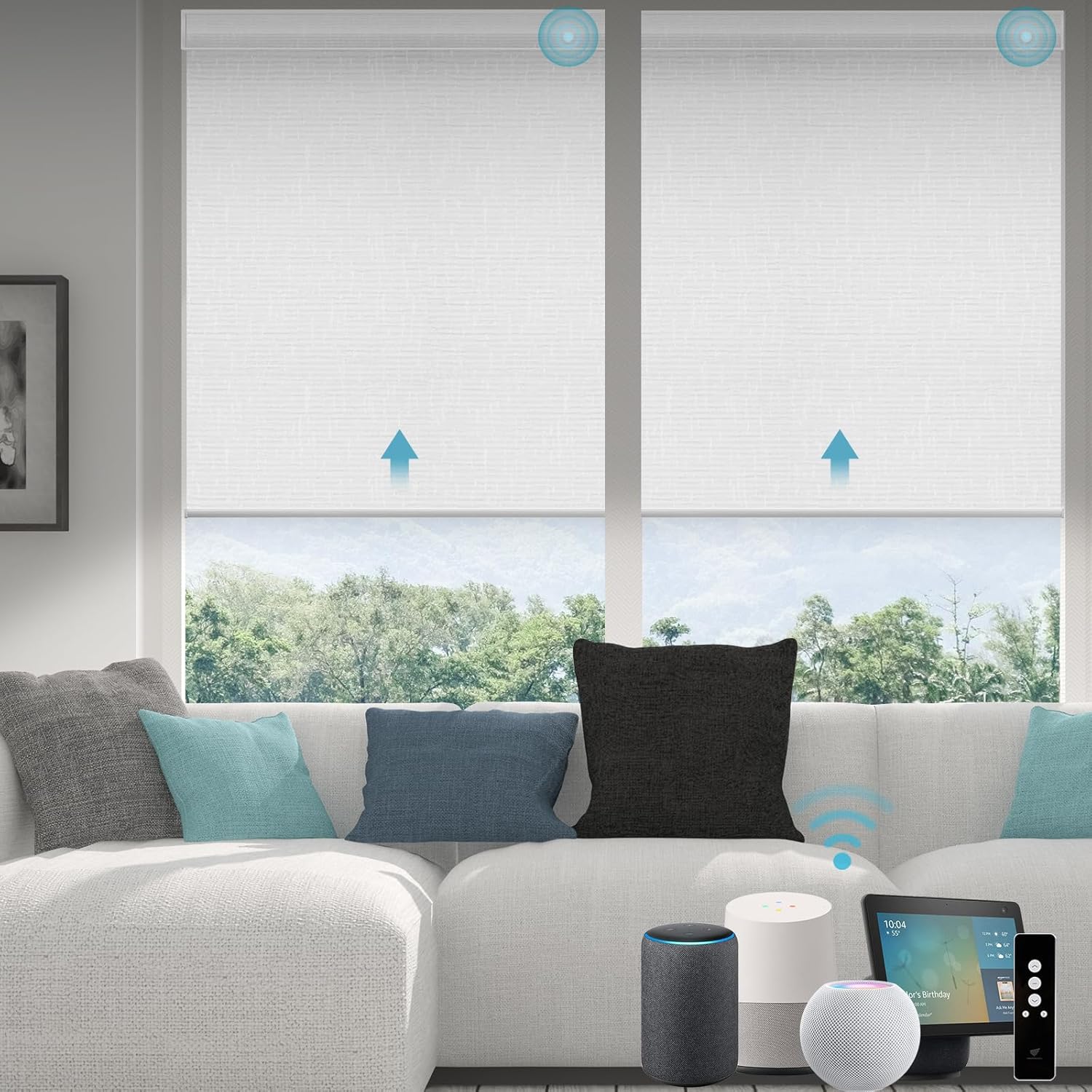 SmartWings Motorized Roller Shades Work with Homekit, Alexa Google, 100% Blackout Smart Blinds for Windows, Cordless Remote Control Window Shades, Safari White, Customized Size