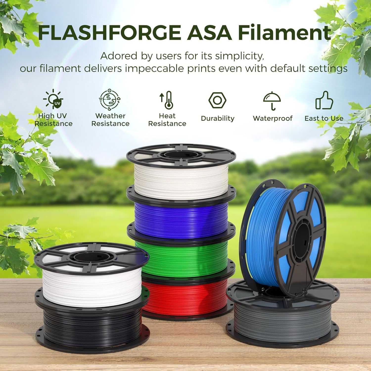 FLASHFORGE ASA Filament 1.75mm Blue, 3D Printer Filament 1kg (2.2lbs) Spool, Dimensional Accuracy +/- 0.02mm, Durable, High UV-Resistant, Perfect for Printing Outdoor Functional Parts