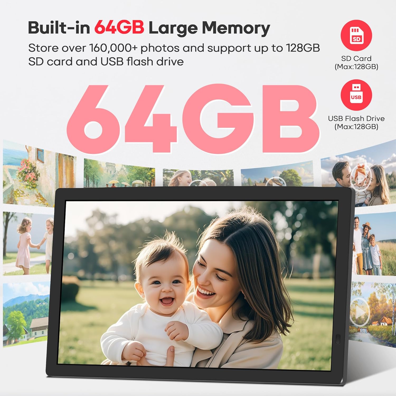 Frameo 32" Extra Large Digital Picture Frame, Smart WiFi Photo Frame with 1920x1080 FHD IPS Touch Screen 64GB Memory, Support Wall Mounted Auto-Rotate USB&SD Card, Share Photos/Videos Instantly