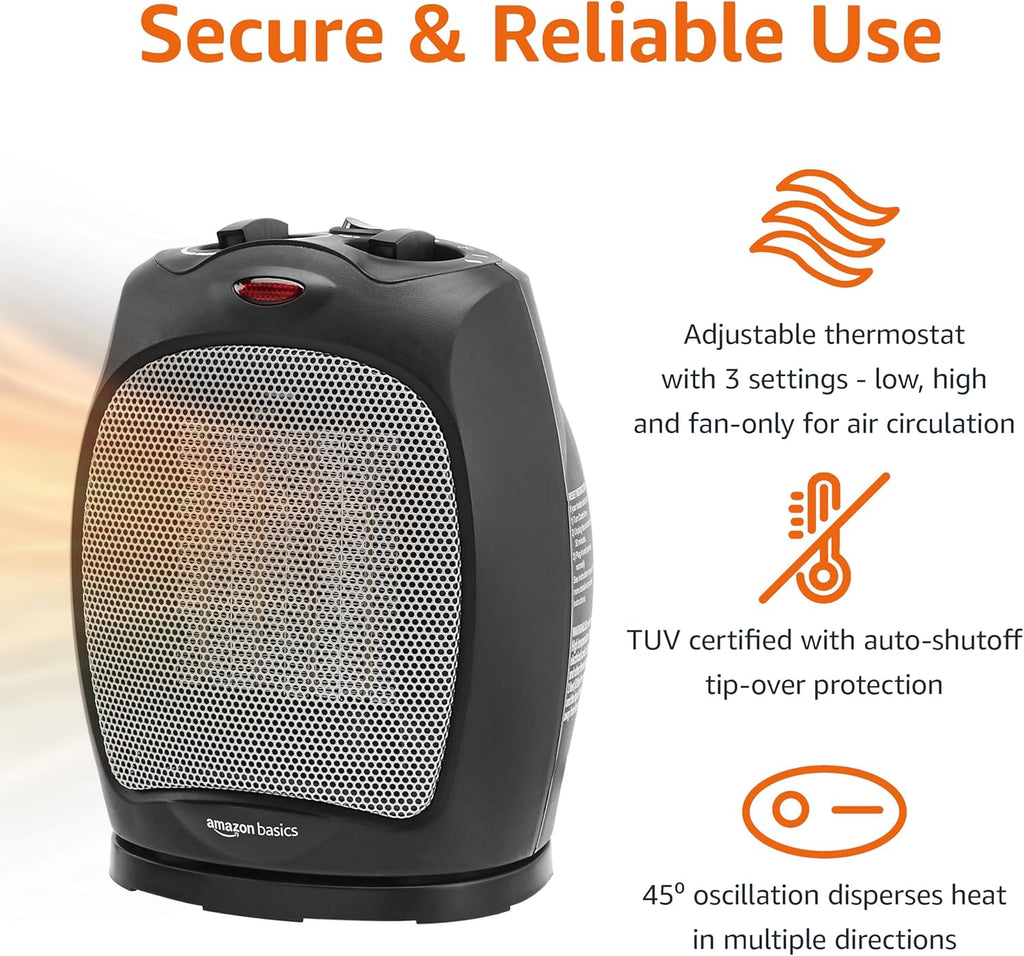 Amazon Basics Oscillating Ceramic Space Heater, Portable Indoor Heating Solution, With Overheat and Tip-Over Protection, Thermostat, 1500W, 7.52"D x 6.34"W x 9.45"H, Black