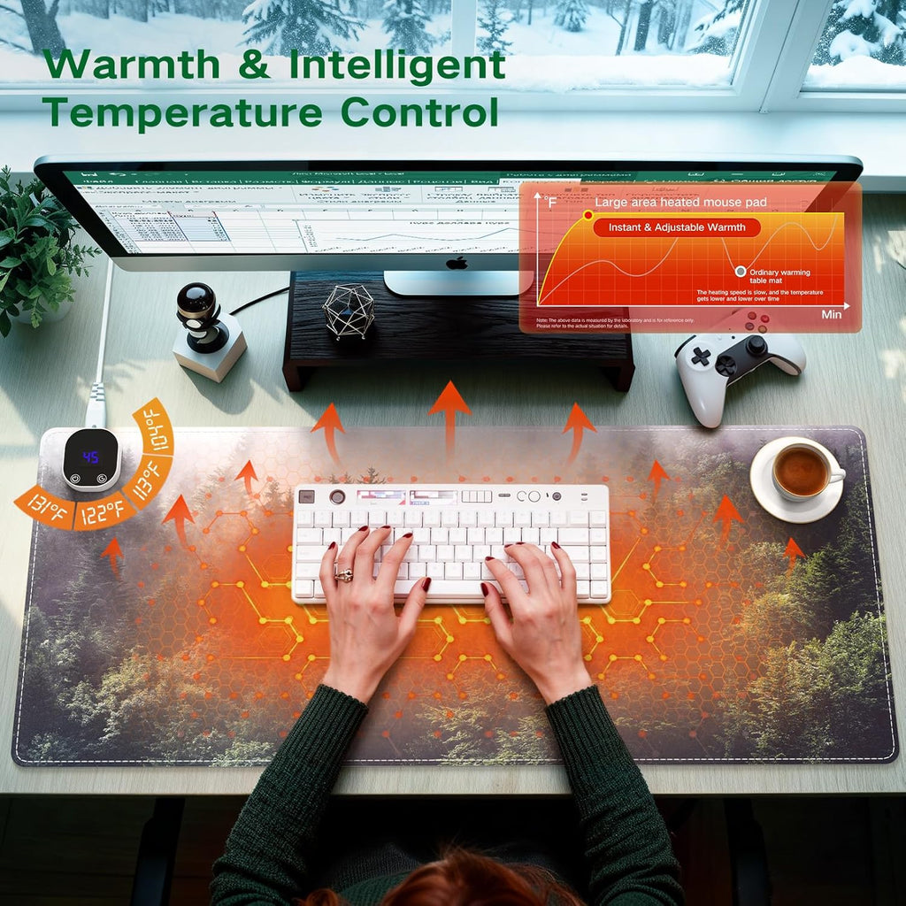 iCasso Heated Mouse Pad, XL Big Desk Pad with 4 Heating Levels & 4 Auto Shut-Off Levels for Computer Keyboard, 31.5" x 13" Large Safe Desk Mat Hand Warmer for Home Office Work (Forest)