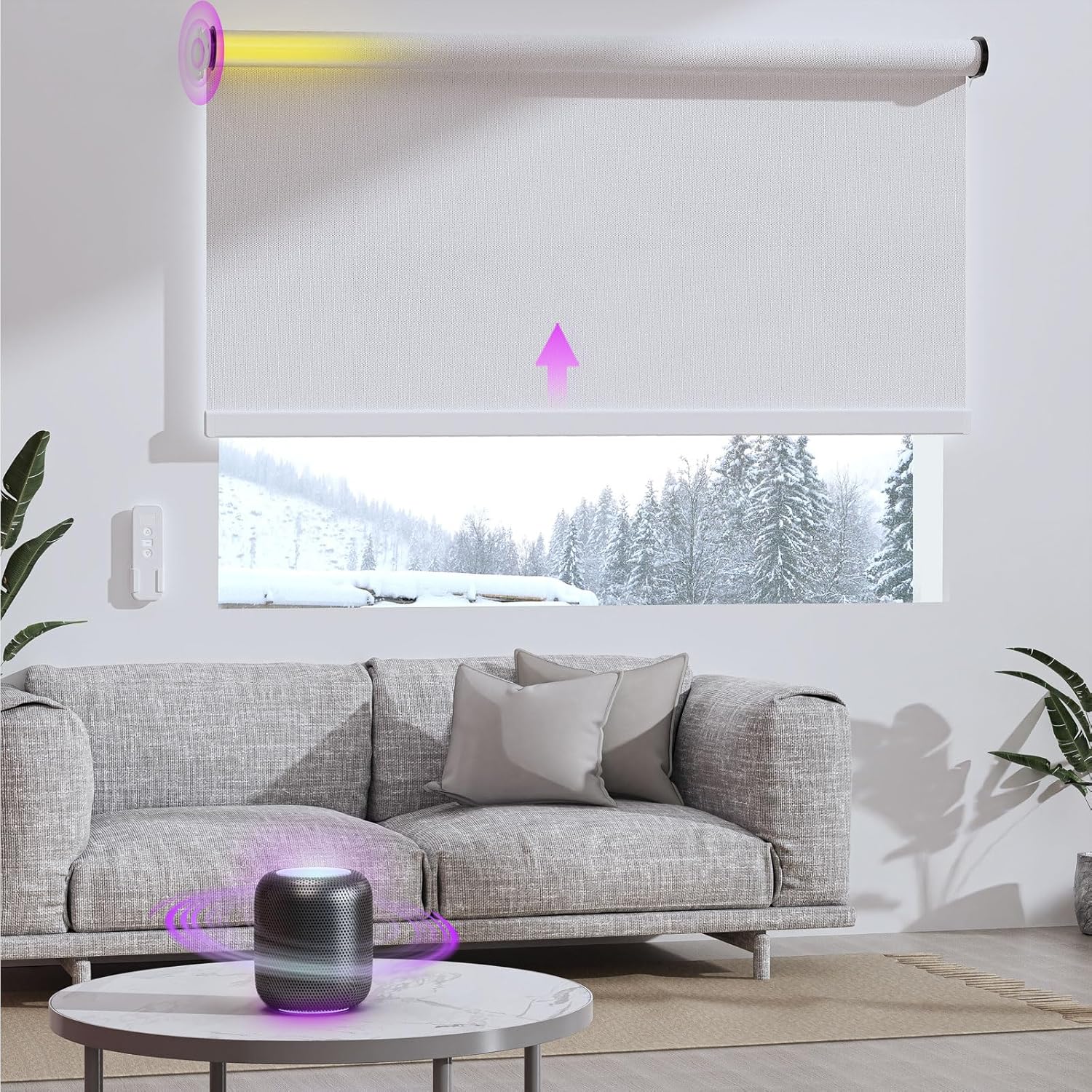 Astomi Motorized Roller Shades for Windows, Blackout Smart Blinds for Indoor, Effortless Remote & Voice Control, Compatible with Alexa, Google Home, Custom Size，Fabric-Pure White