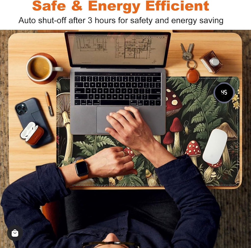 Small Heated Desk Pad 23.6" x 14.2" – Compact Electric Mouse Pad with 3 Heating Levels, Auto Shut-Off, Waterproof PU Surface, Plug-in Warmer for Office or Home Use, Forest Mushrooms