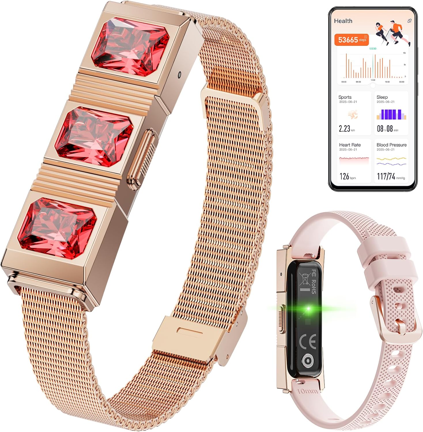 Mingtawn Women's Smart Bracelet with 2 Bands, Health Fitness Tracker, 24/7 Heart Rate/Blood Oxygen/HRV/Sleep Monitor, Fashion Ruby Wristband with Message/Call Reminder Free Subscription (Rose Gold)