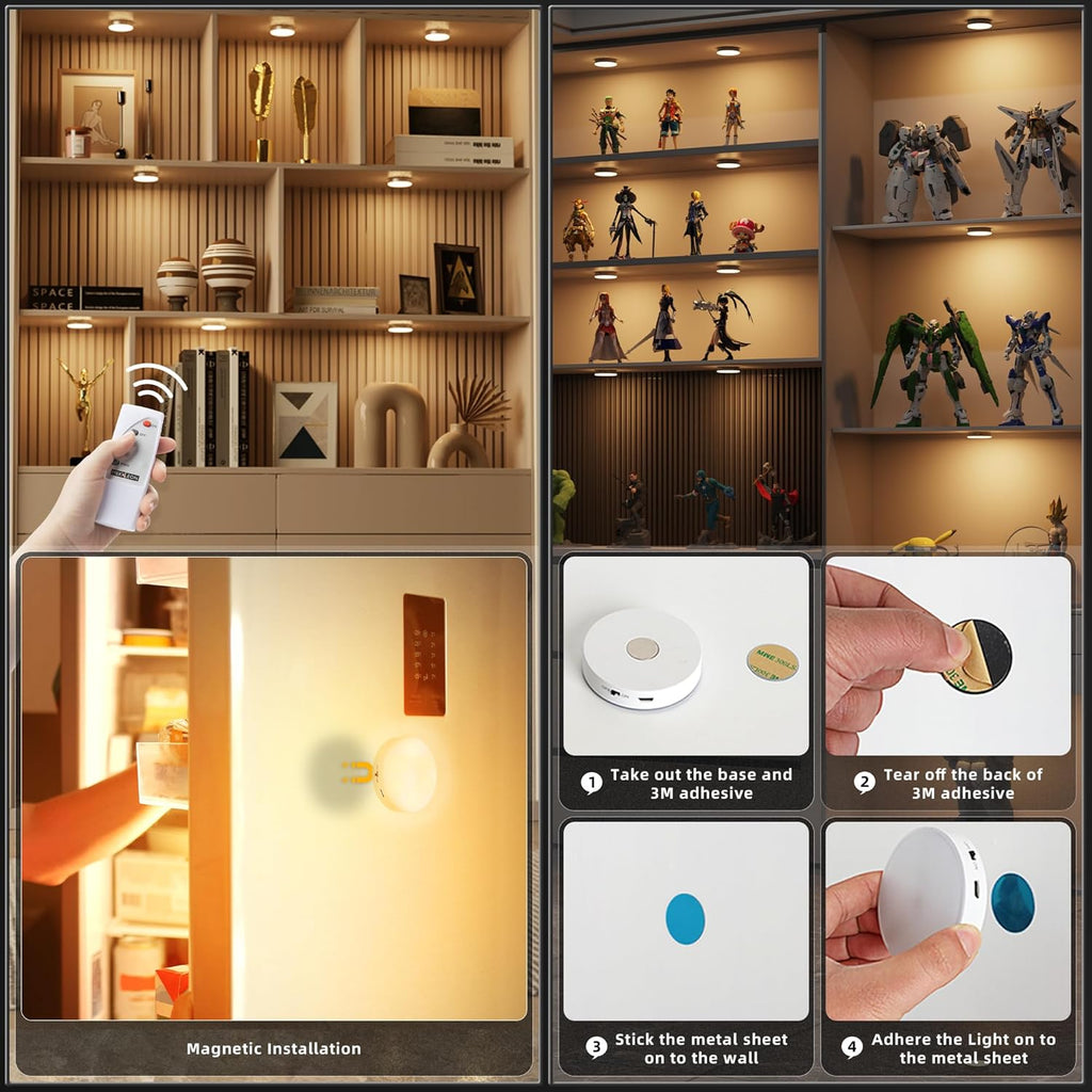 Puck Lights with Remote Control, Under Cabinet Lighting with Magnetic and Cordless, 1200mAh Rechargeable Closet Lights Stick On Lights for Under Cabinet,Hallway, Stairway,Closet （Warm White,9pcs)