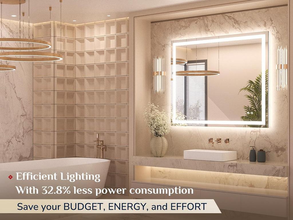 Keonjinn 42 x 36 Inch LED Bathroom Mirror with Lights, Bighter Frontlit & Backlit Vanity Mirror with Stepless Dimmable 3-Color, Anti-Fog Mirror for Wall, HD Tempered Glass, Memory Founction, CR90+