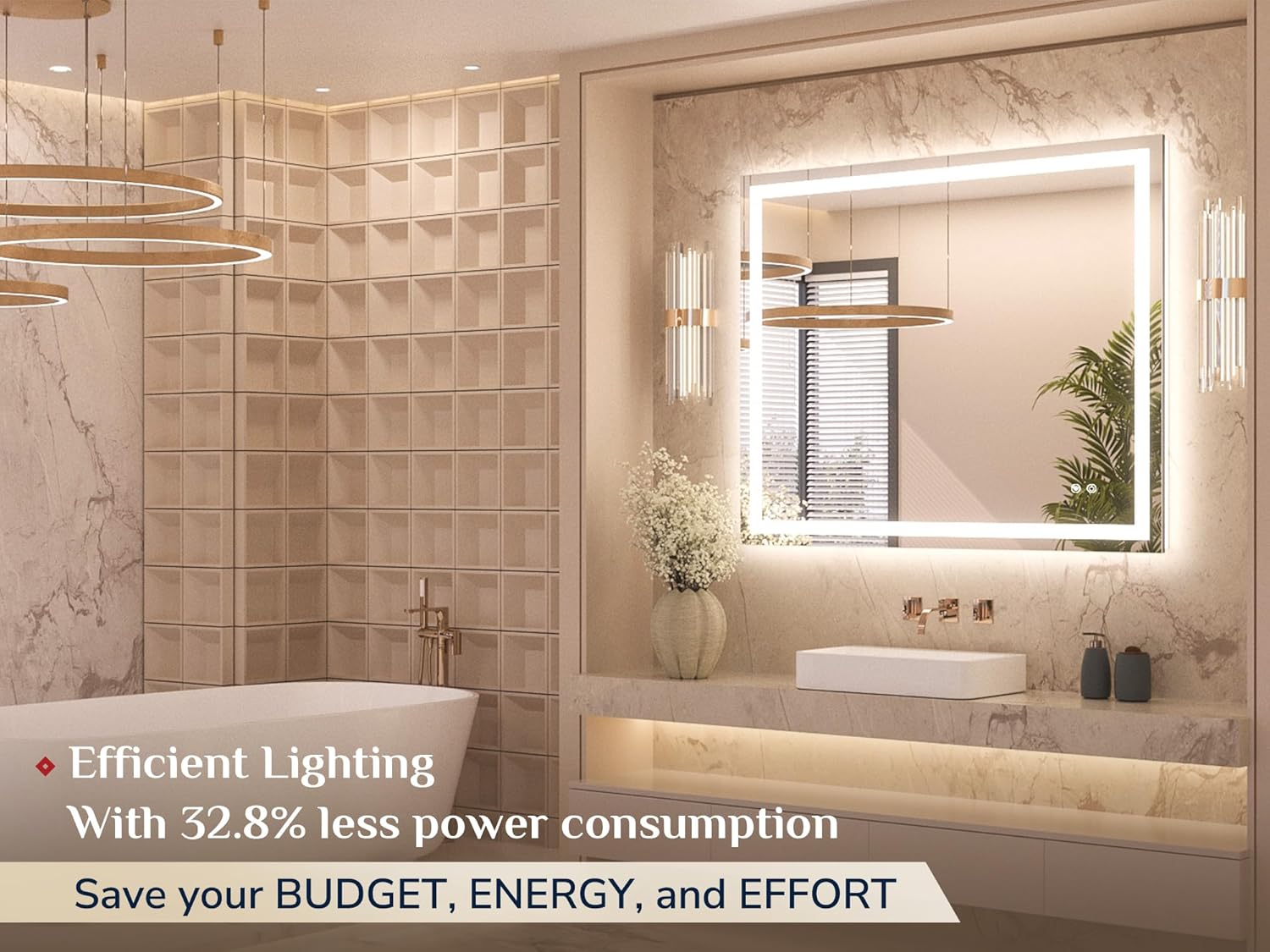 Keonjinn 42 x 36 Inch LED Bathroom Mirror with Lights, Bighter Frontlit & Backlit Vanity Mirror with Stepless Dimmable 3-Color, Anti-Fog Mirror for Wall, HD Tempered Glass, Memory Founction, CR90+