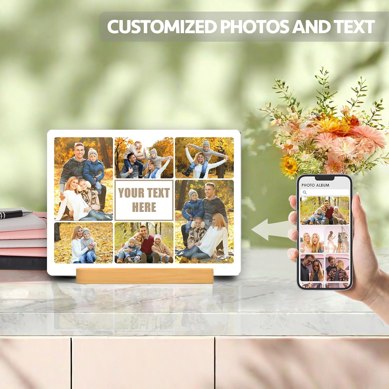 Custom Photo Prints - Metal Desktop Picture Frame with Photos Collage & Text & Wooden Base Personalized Gifts for Family Lovers Pets and Friends, Optional Multiple Sizes