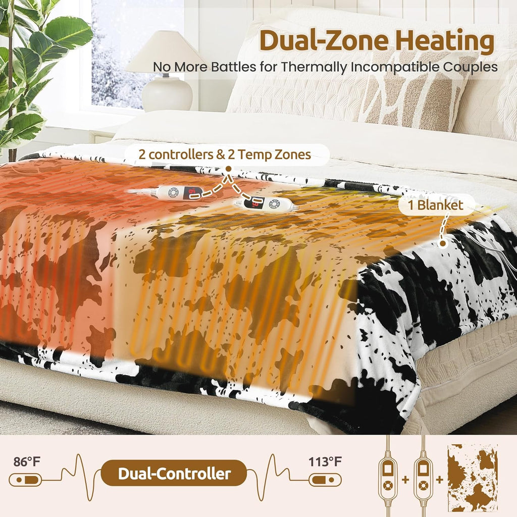 Electric Blanket Queen Size, Dual Control Heated Blanket with 6 Heat Settings, 1-12H Timer, Soft Sherpa & Flannel, Machine Washable, Black Cow Print, 84" x 90"