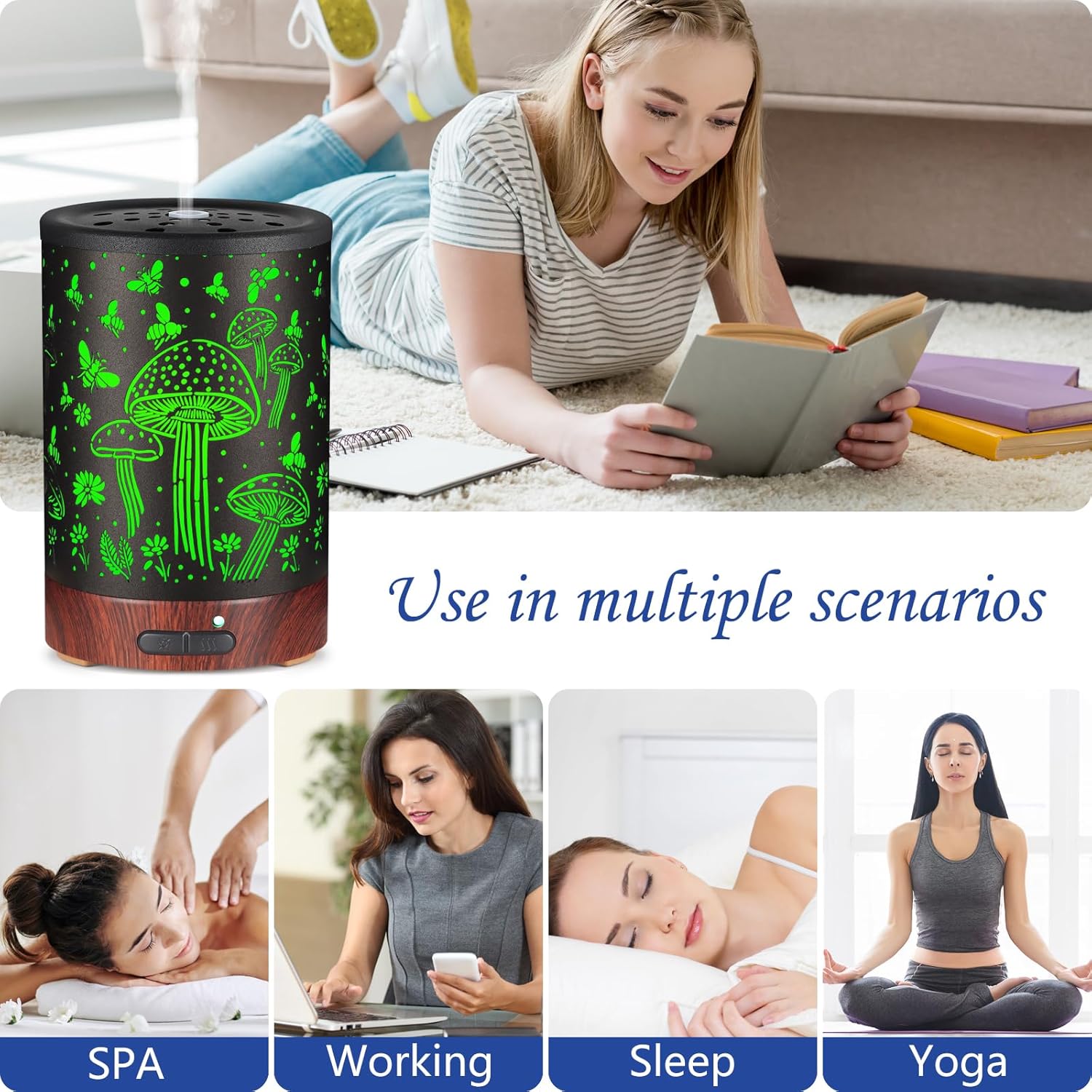 Essential Oil Diffuser- Aromatherapy Diffuser with7 Colors Light and Auto-Off for Women Metal Cool Mist Humidifier for Home and Office for Mom Women（Mushroom + Bee）