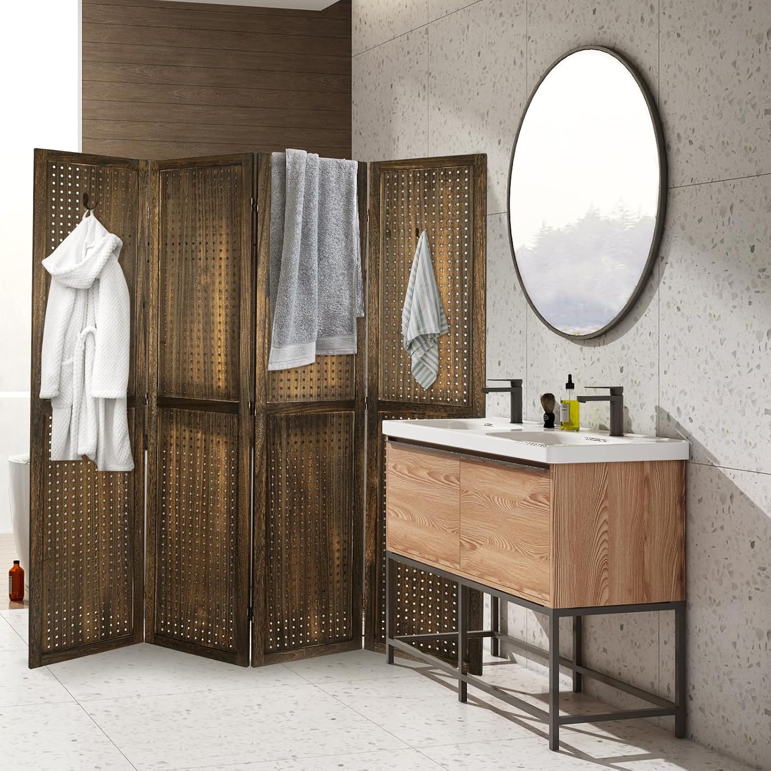 Babion 4 Panel Pegboard Display, Peg Board Room Divider Freestanding Folding Privacy Screens Pegboard Display Stand for Craft Shows (Brown)