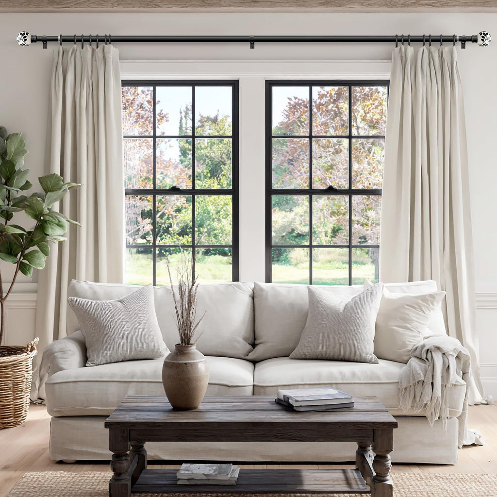 Ceramic Curtain Rods Black for Windows 66 to 120 Inches Adjustable Length Heavy Duty 1" Diameter Window Curtain Rod with Modern Leaf Pattern Decorative Finials for Bedroom Kitchen Living Room