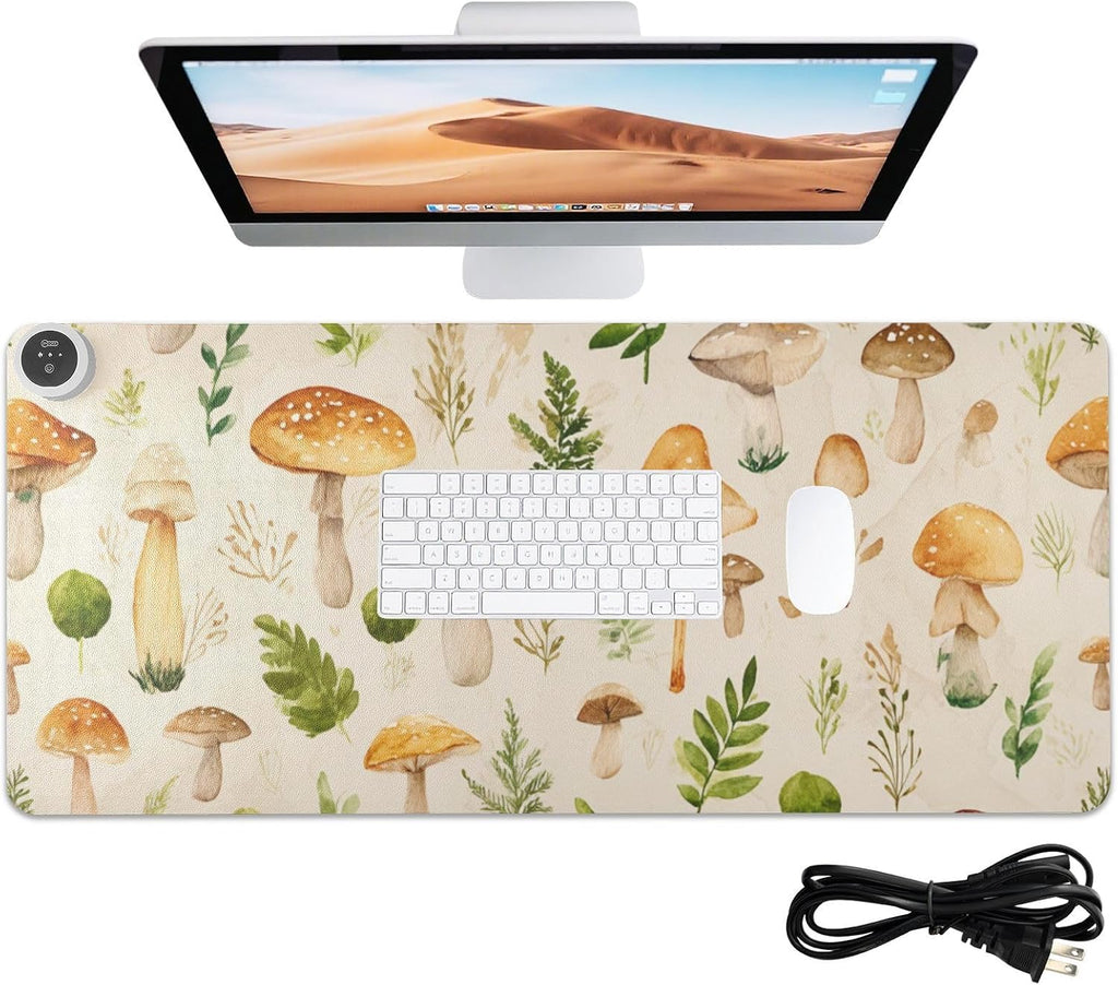 Heated Desk Pad Mouse Pad 31.5x13 Inch PU Leather Desk Mat with 3 Heat Levels Large Mouse Gaming Computer Laptop Mat Watercolor Mushrooms Beige