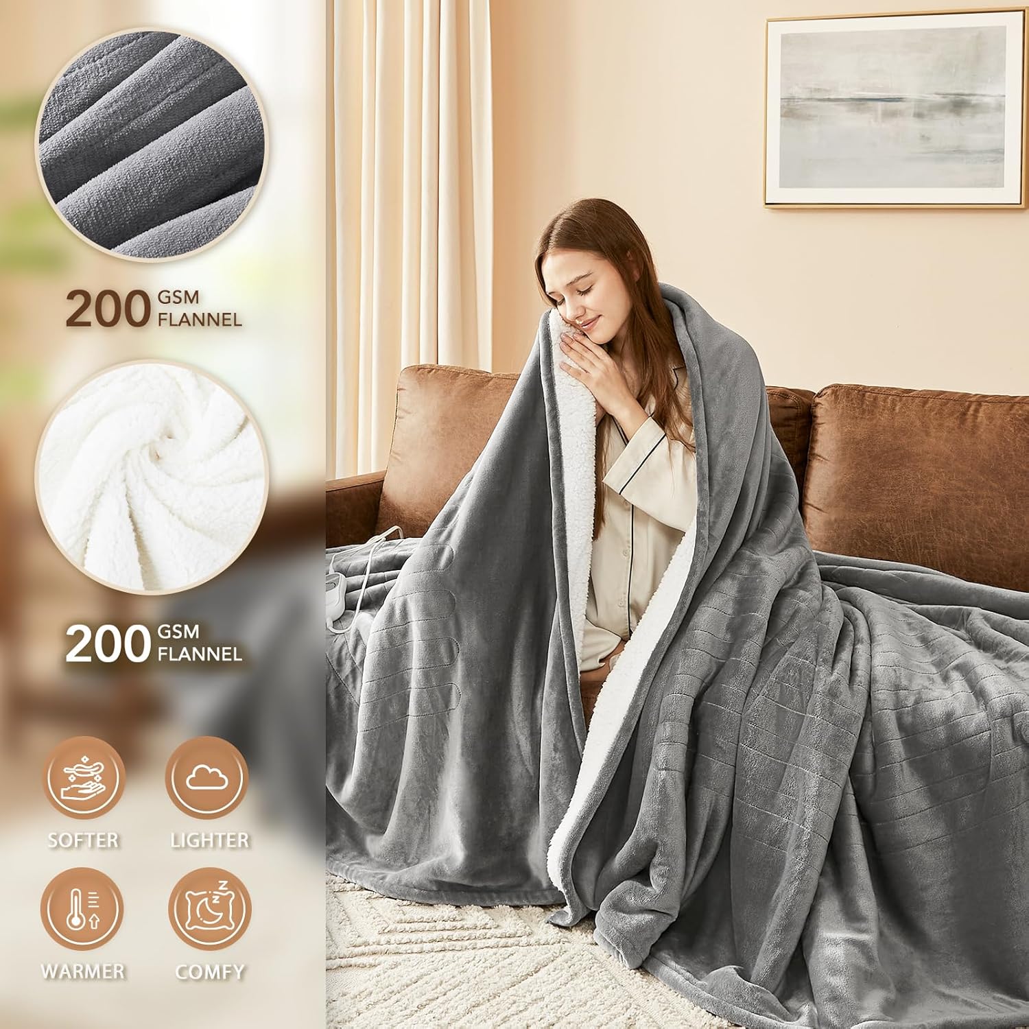 Homemate Electric Heated Blanket Full Size - 72"x84" Heated Bed Blanket Throw with 10 Heating Levels 8 Hours Auto Off Fast Heating Over-Heat Protection-Ultra Soft Flannel ETL Certified, Grey