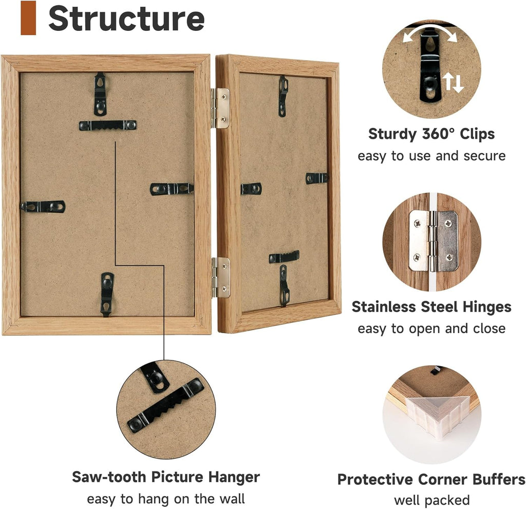 Axeman 5x7 Double Picture Frame - Solid Oak Wood Vertical Hinged 5x7 Photo Frame 2 Opening Folding Family Frames Collage With Real Glass for Tabletop Display, Hanging Hardware Included | Natural