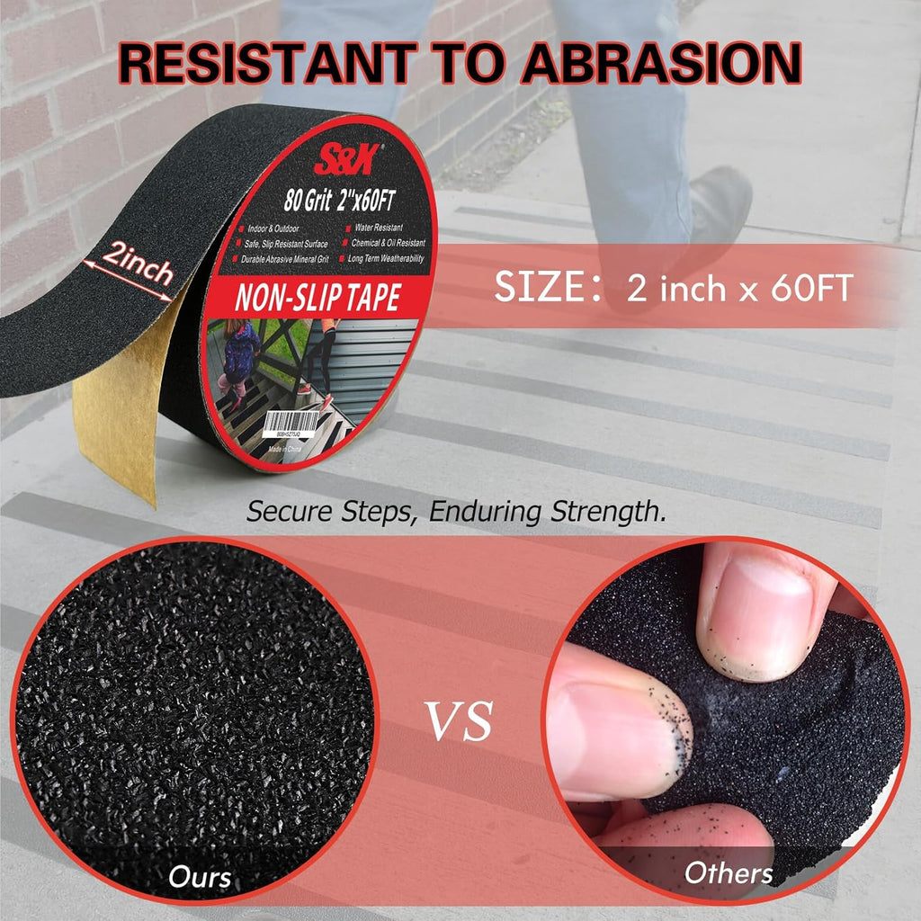 S&X Anti Slip Tape, 2 Inch x 60 Ft Non Slip Tape for Outdoor Steps, Non Skid High Traction Grip Tape for Stairs Waterproof, Corundum Surface, Polyester Film Based, Long-Lasting, Black