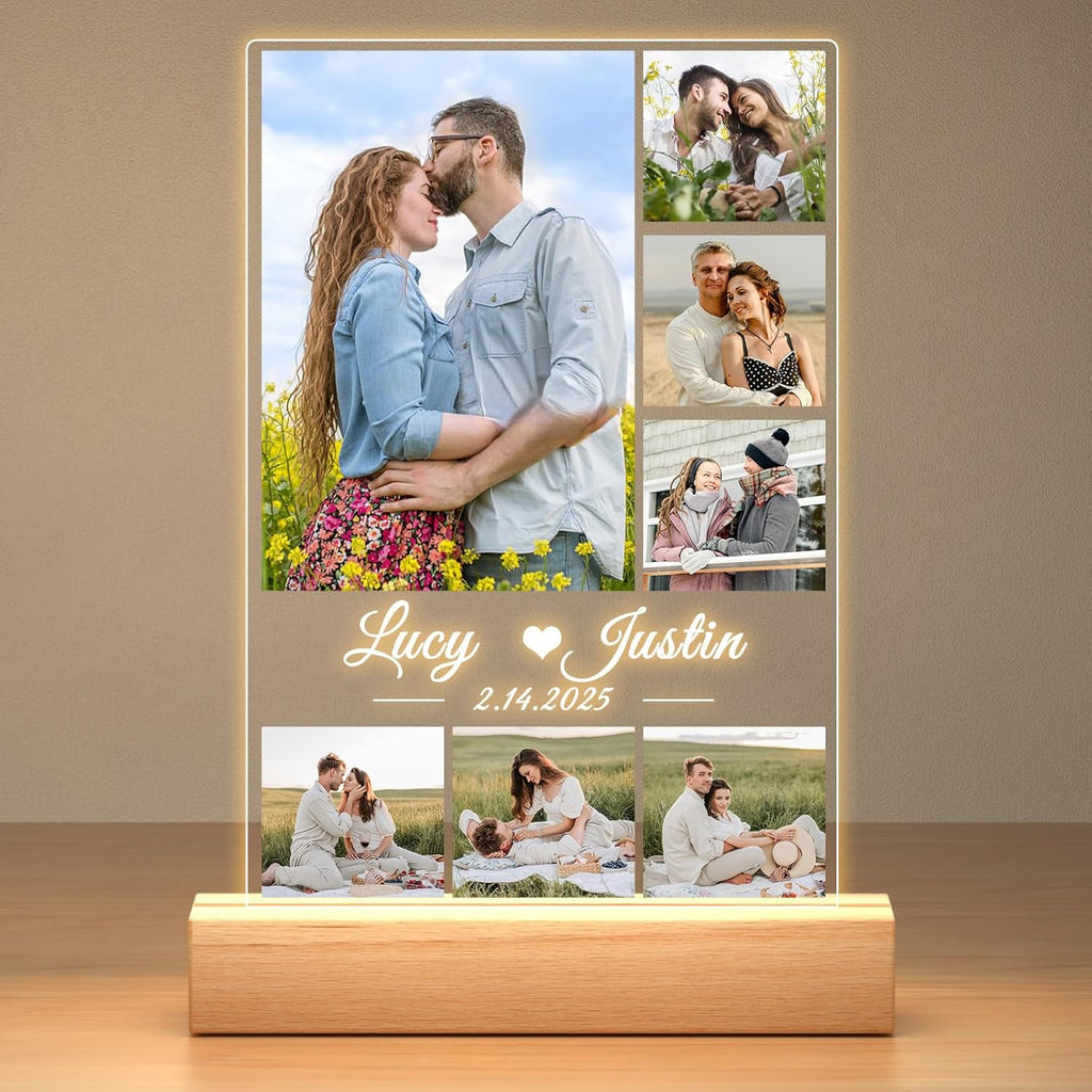 Custom Picture Frames, Personalized Picture Frame with Night Light, Customized Photo Frame, Personalized Anniversary Valentines Day Gifts for Women Men Her Him Girlfriend Boyfriend Couple Wife