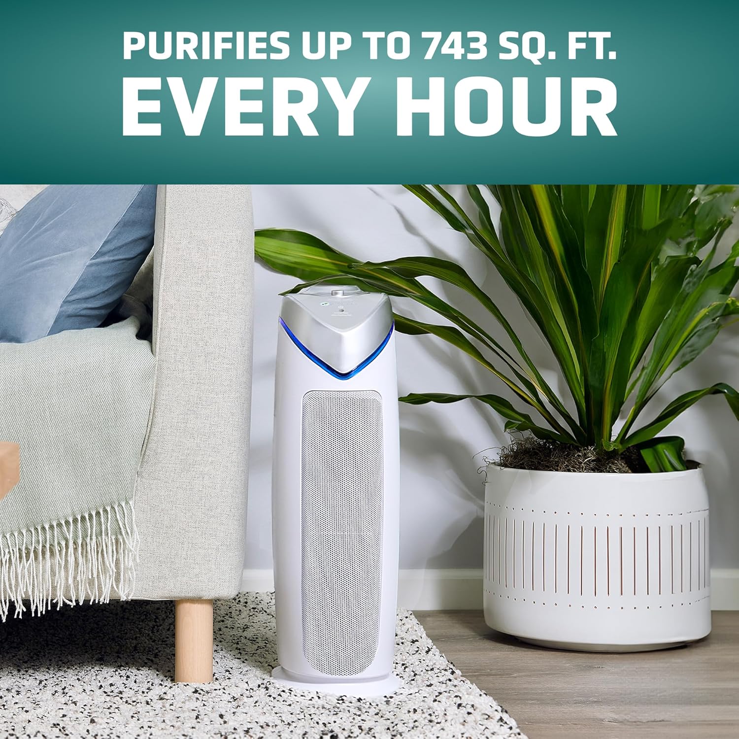 GermGuardian Air Purifier for Home with HEPA Pure Filter, for Wildfire Smoke, Pet Dander, Pollen, Odors, Large Rooms Up To 743 Sq. Ft., Removes 99.97% Pollutants, UV-C Light, 22", AC4825W, White
