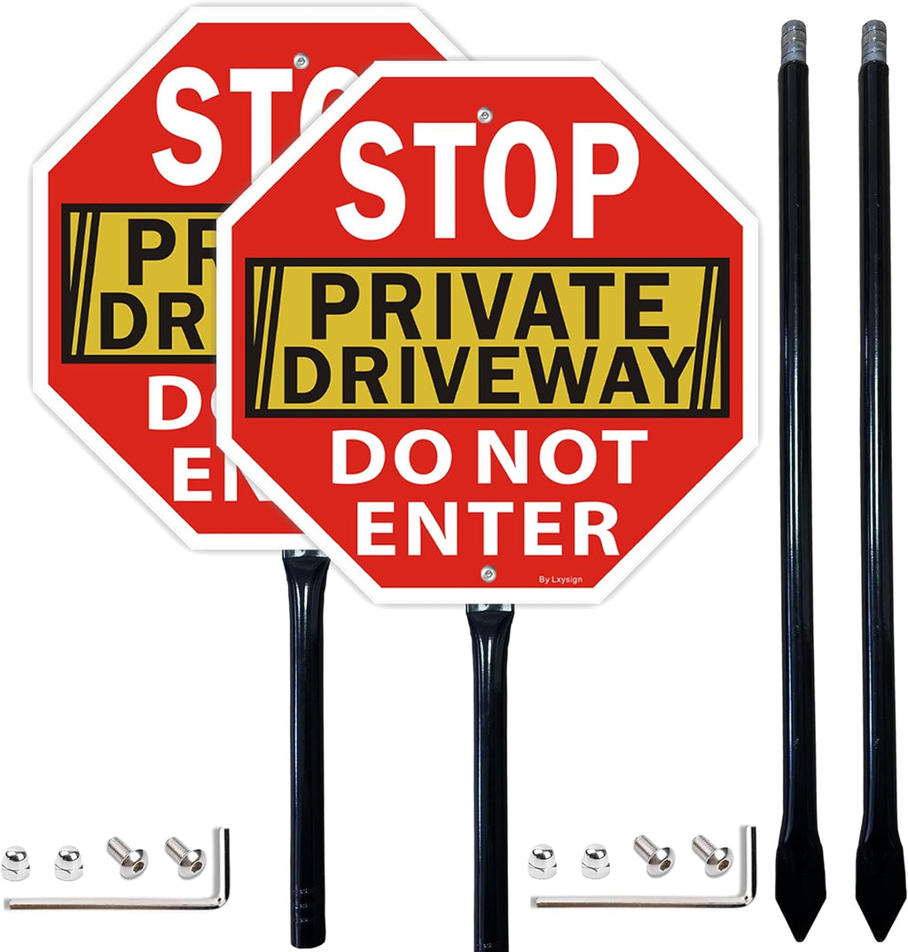 2Pack Stop Sign, Private Driveway Do Not Enter Sign with Stake, 36" Tall, 12" x 12", Reflective Aluminum